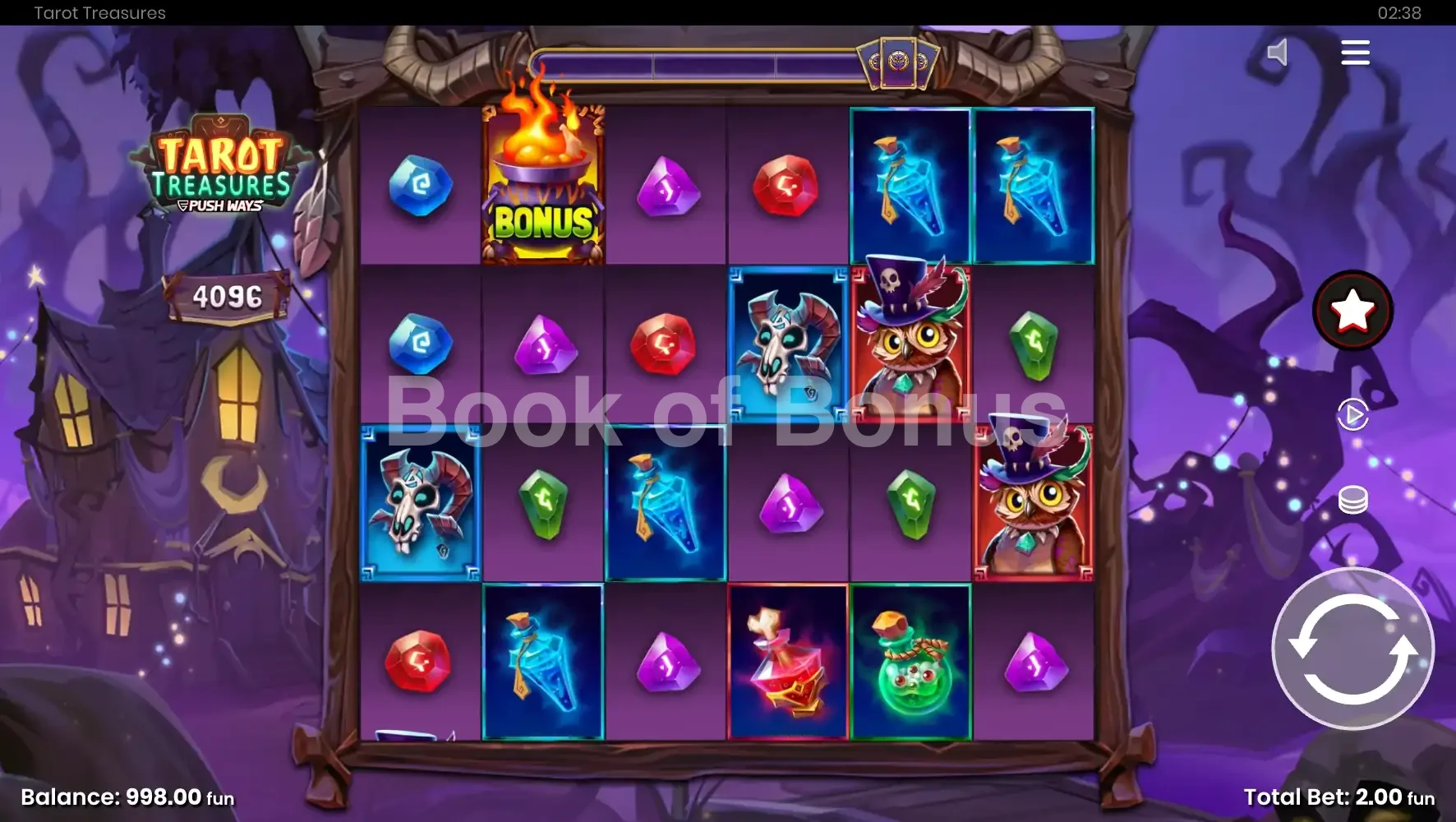 Tarot Treasures par Push Gaming - jeu de base et disposition des rouleaux