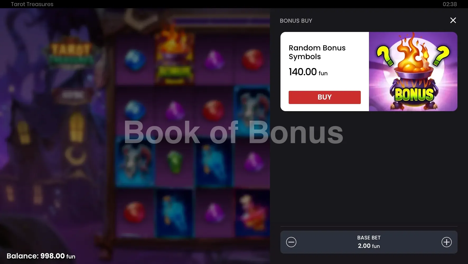 Tarot Treasures par Push Gaming - menu d'achat de bonus et options