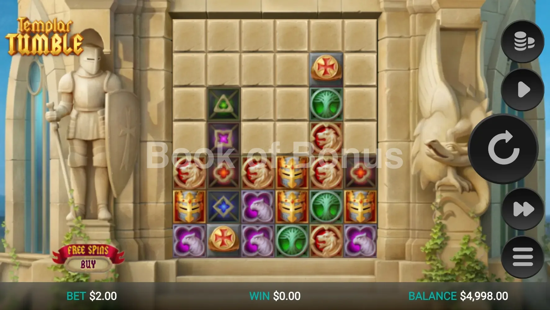 Templar Tumble par Relax Gaming - jeu de base et disposition des rouleaux