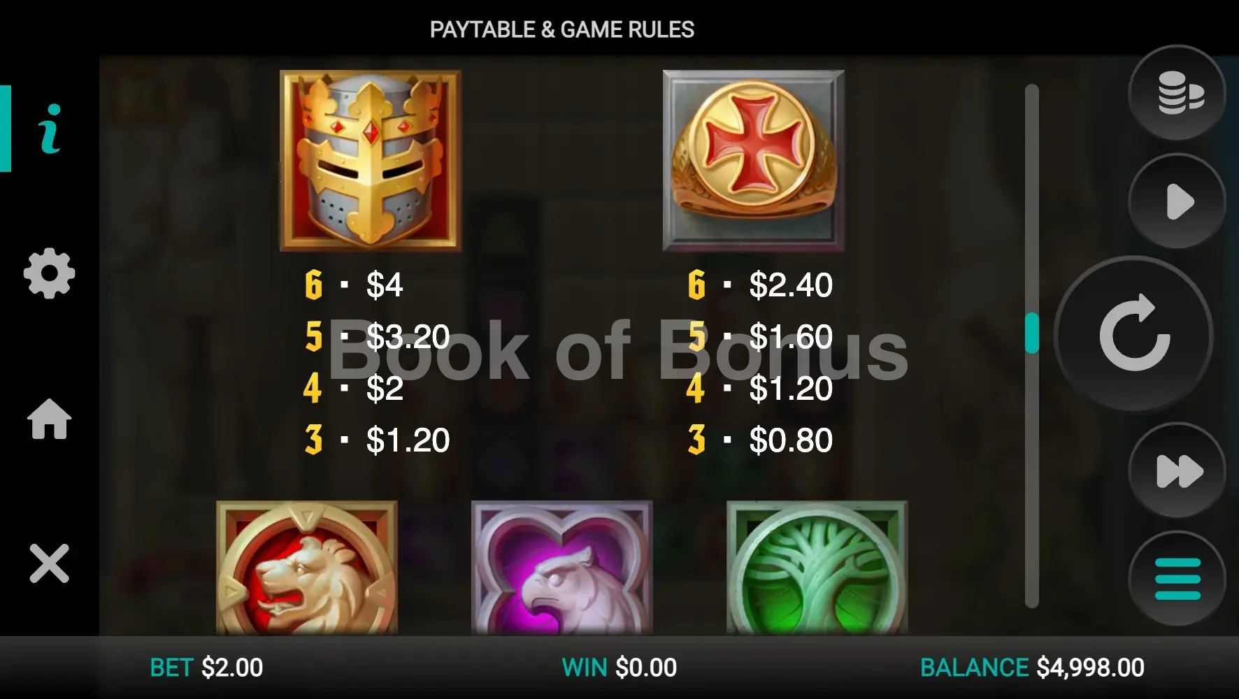Templar Tumble par Relax Gaming - table des gains et valeurs des symboles