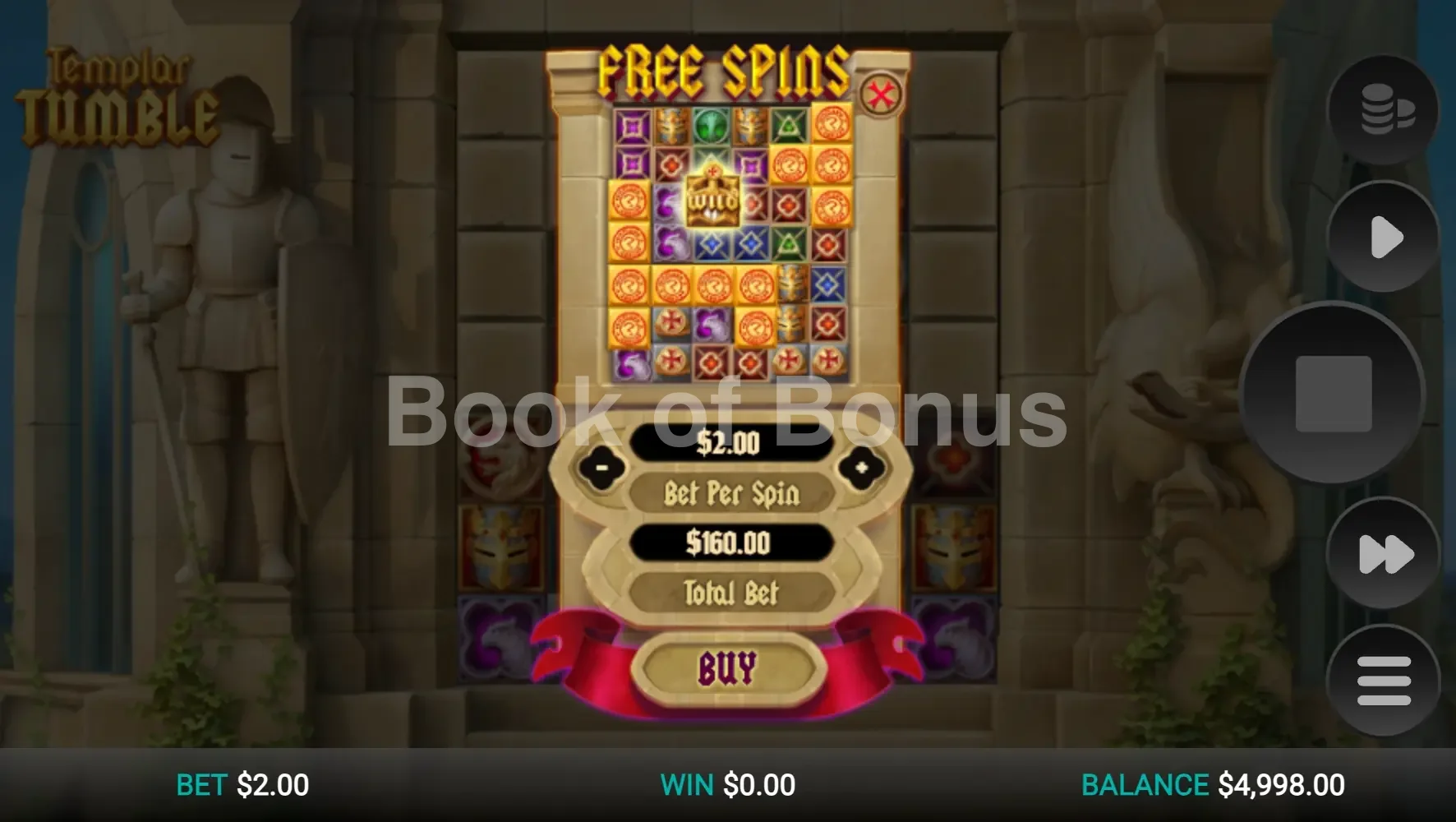 Templar Tumble par Relax Gaming - menu d'achat de bonus et options