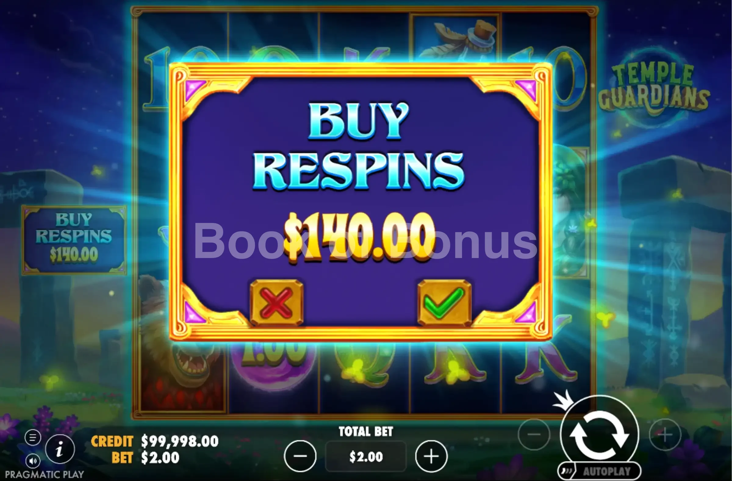Temple Guardians par Pragmatic Play - menu d'achat de bonus et options