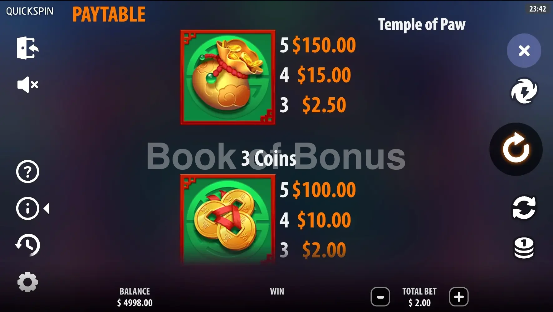 Temple of Paw par Quickspin - table des gains et valeurs des symboles