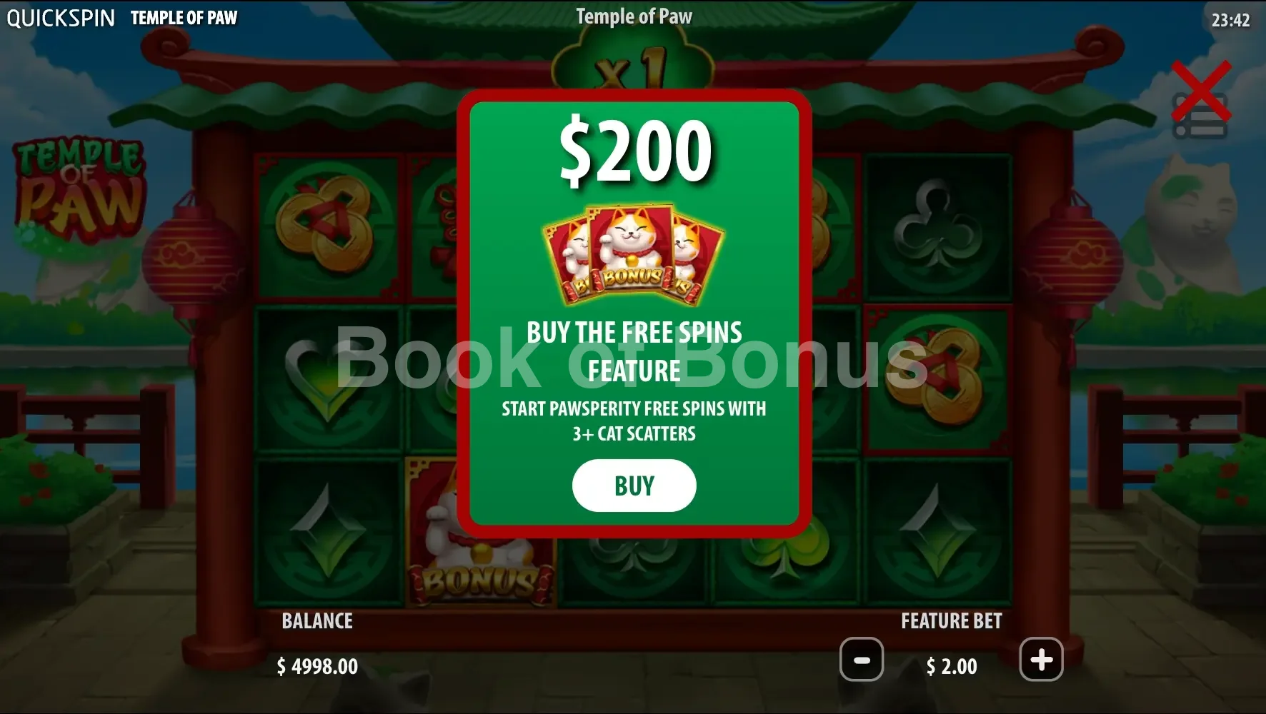 Temple of Paw par Quickspin - menu d'achat de bonus et options