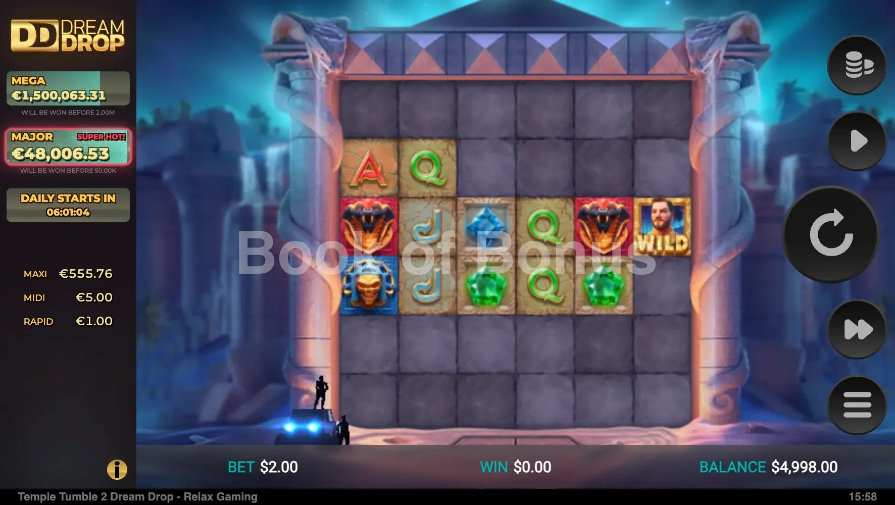 Temple Tumble 2 par Relax Gaming - jeu de base et disposition des rouleaux
