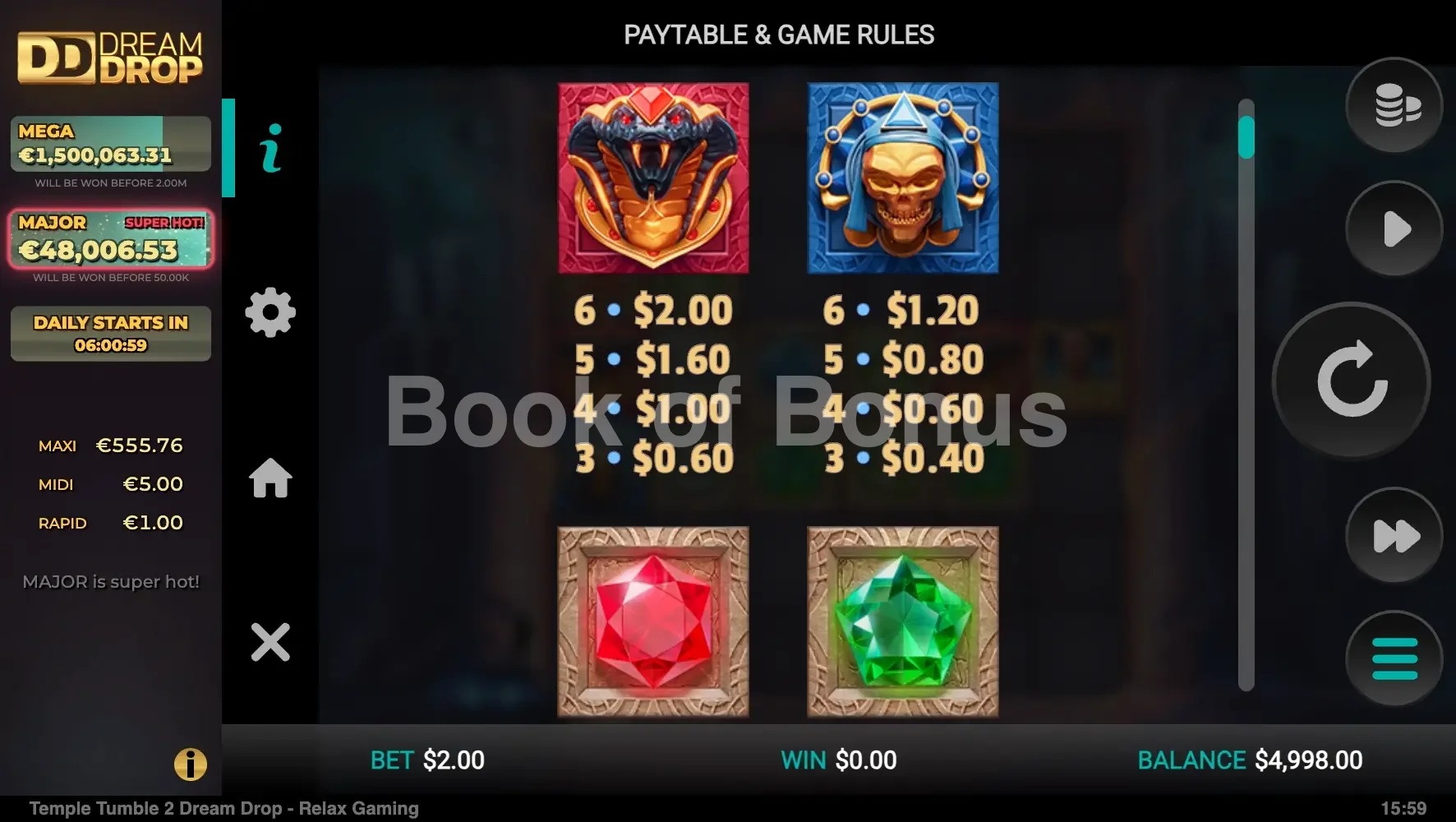 Temple Tumble 2 par Relax Gaming - table des gains et valeurs des symboles