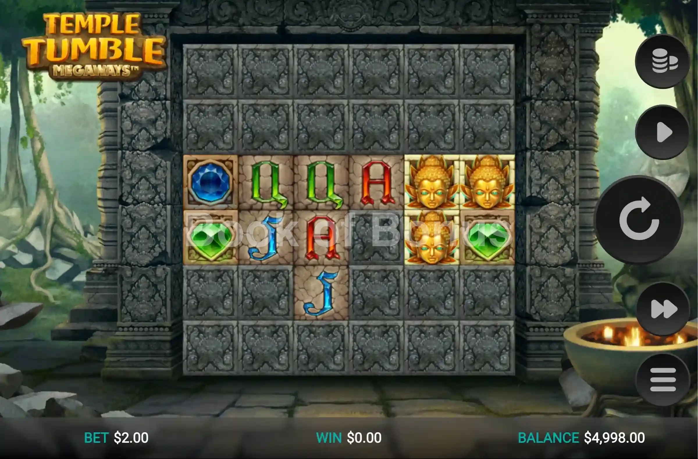 Temple Tumble Megaways par Relax Gaming - jeu de base et disposition des rouleaux