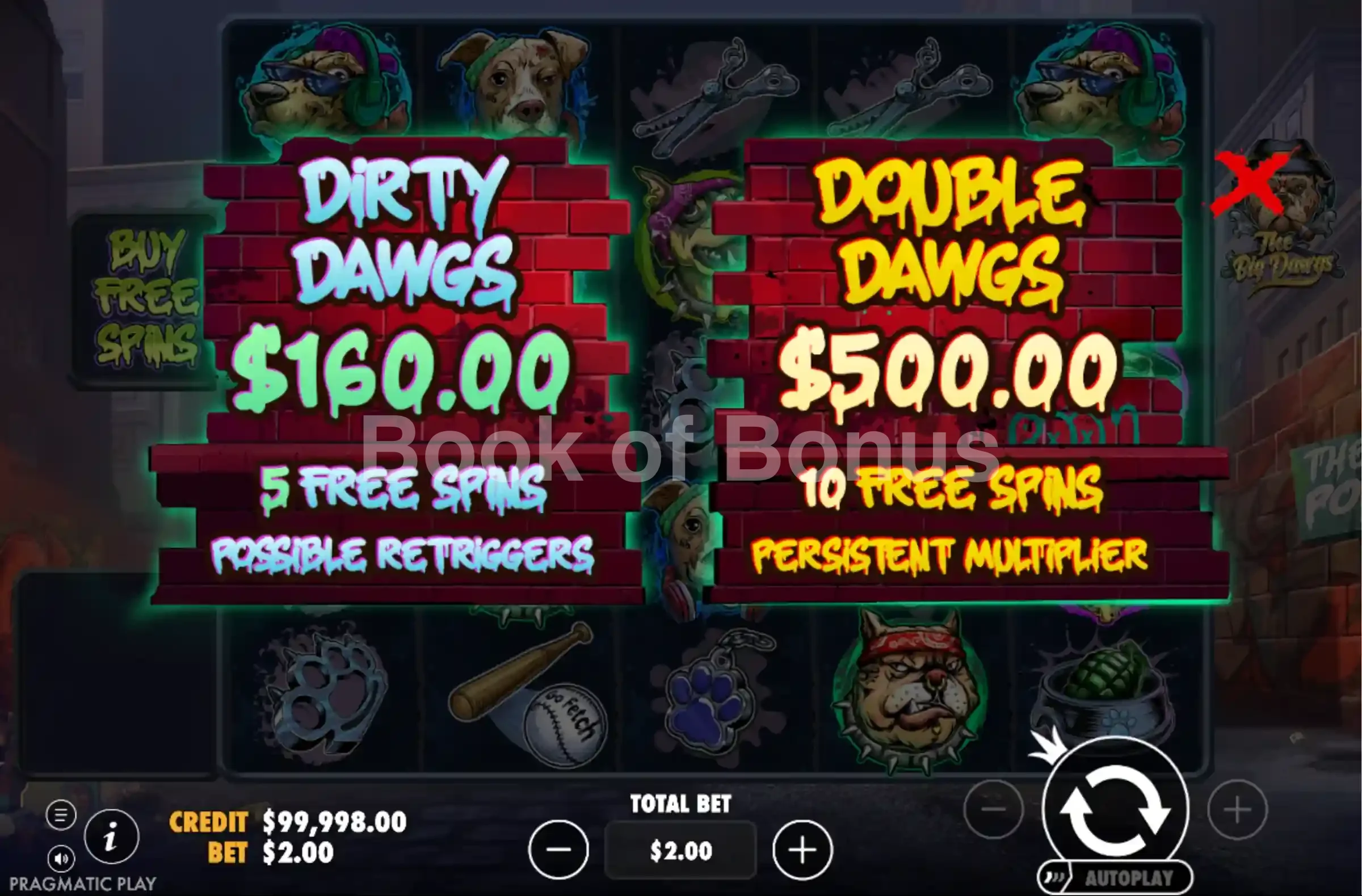 The Big Dawgs par Pragmatic Play - menu d'achat de bonus et options