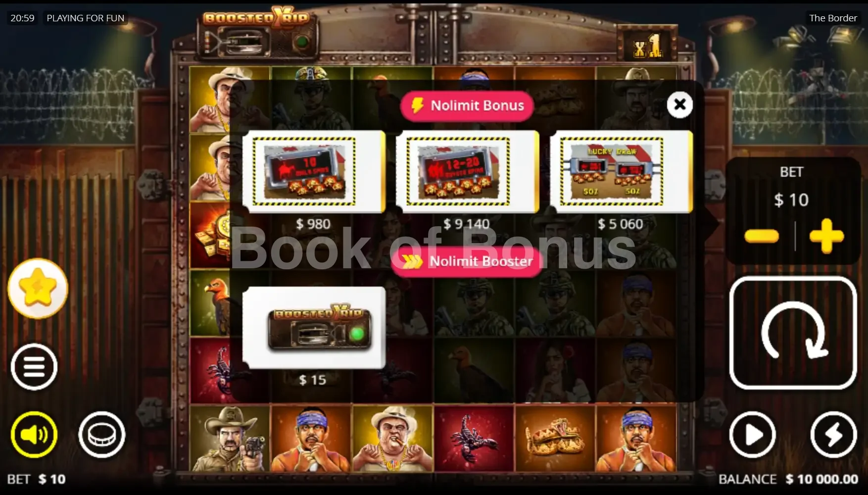 The Border par Nolimit City - menu d'achat de bonus et options