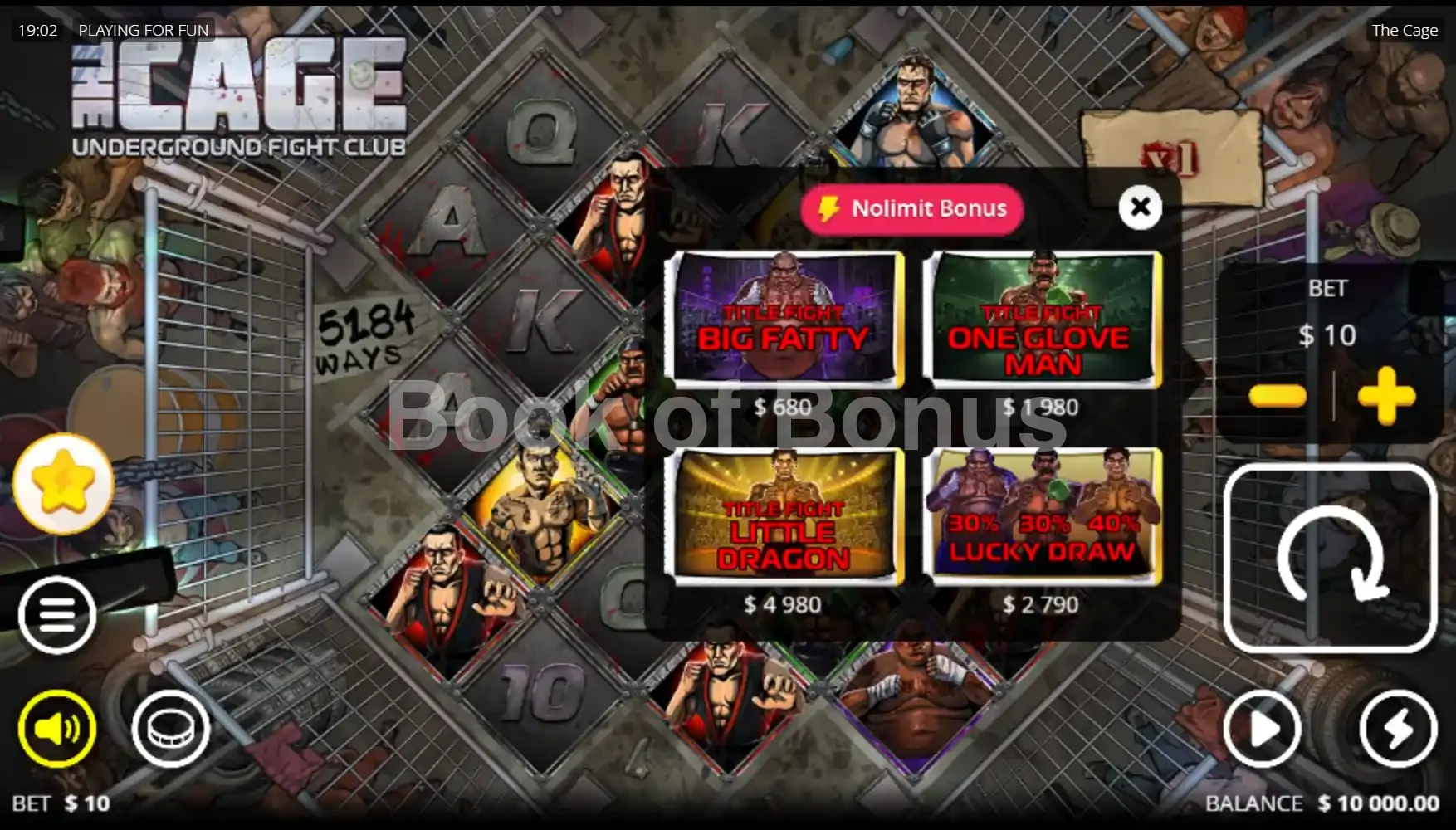 The Cage par Nolimit City - menu d'achat de bonus et options