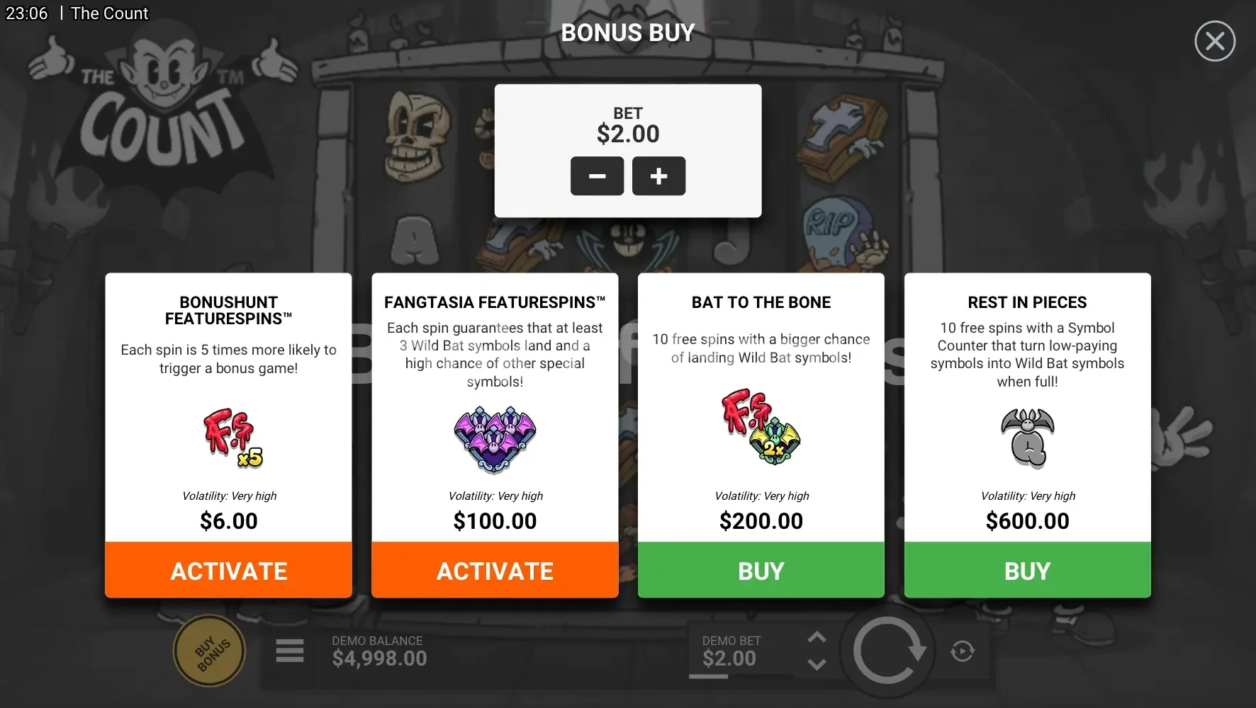 The Count par Hacksaw Gaming - menu d'achat de bonus et options