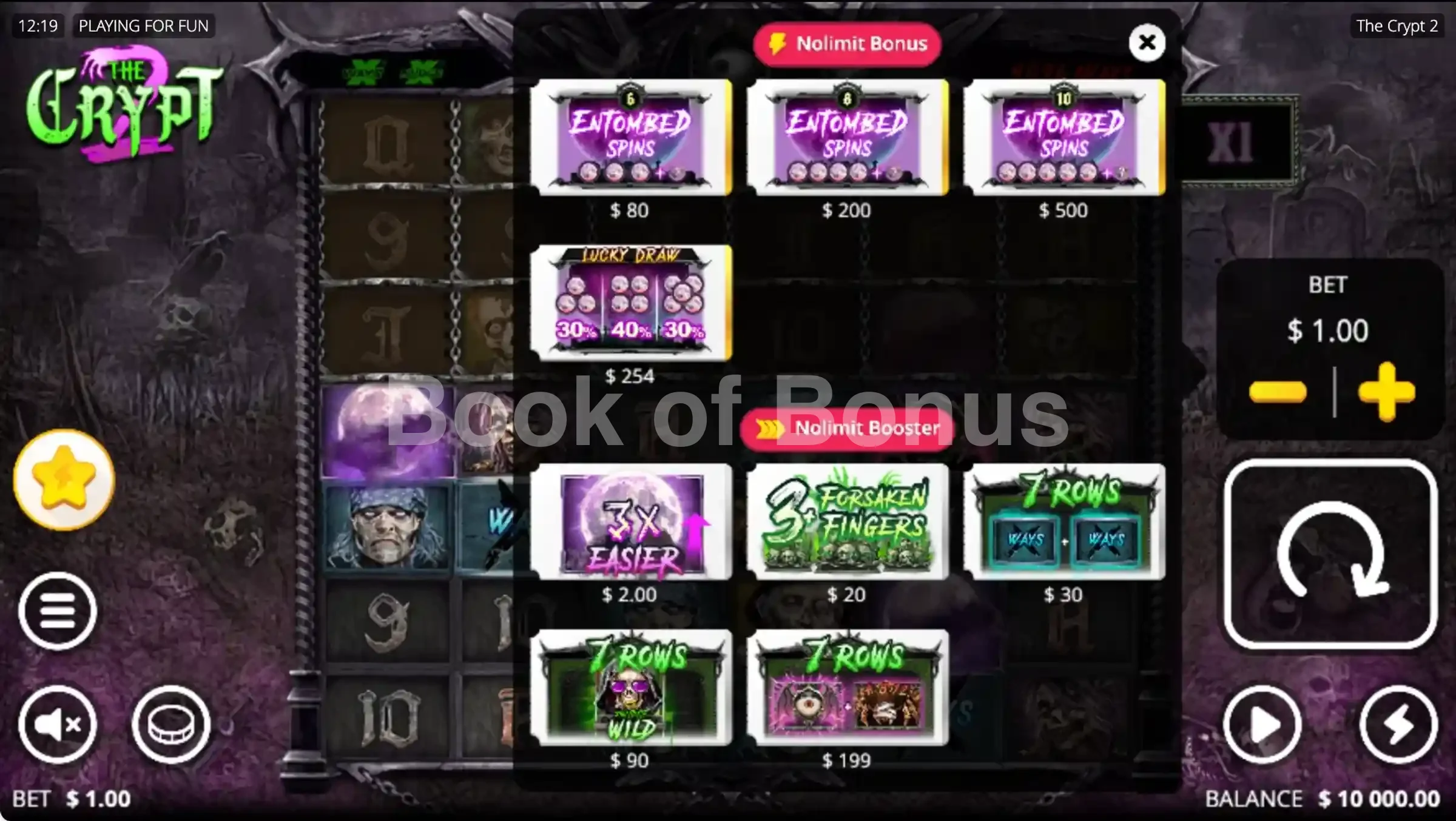 The Crypt 2 par Nolimit City - menu d'achat de bonus et options
