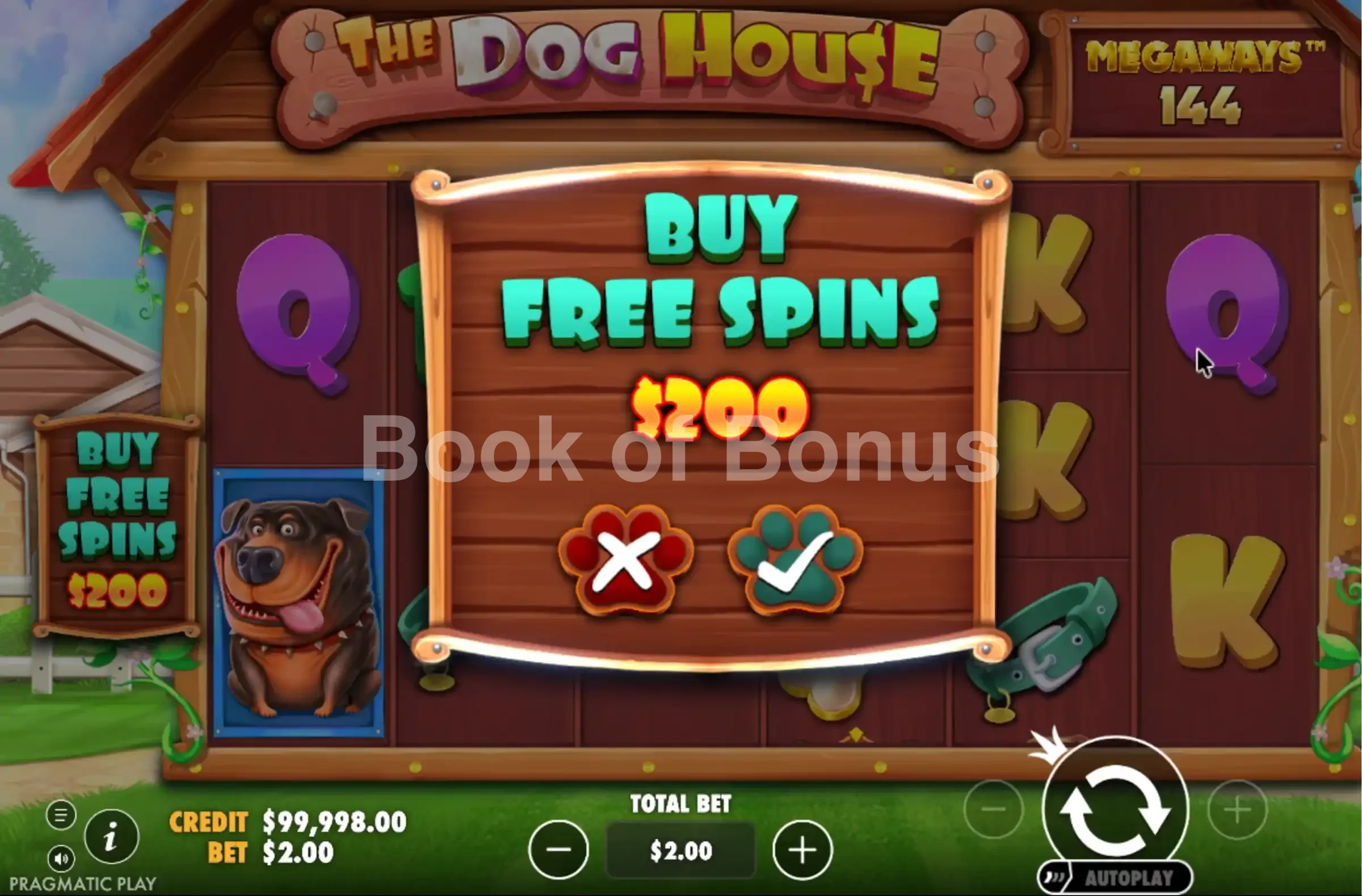 The Dog House Megaways par Pragmatic Play - menu d'achat de bonus et options