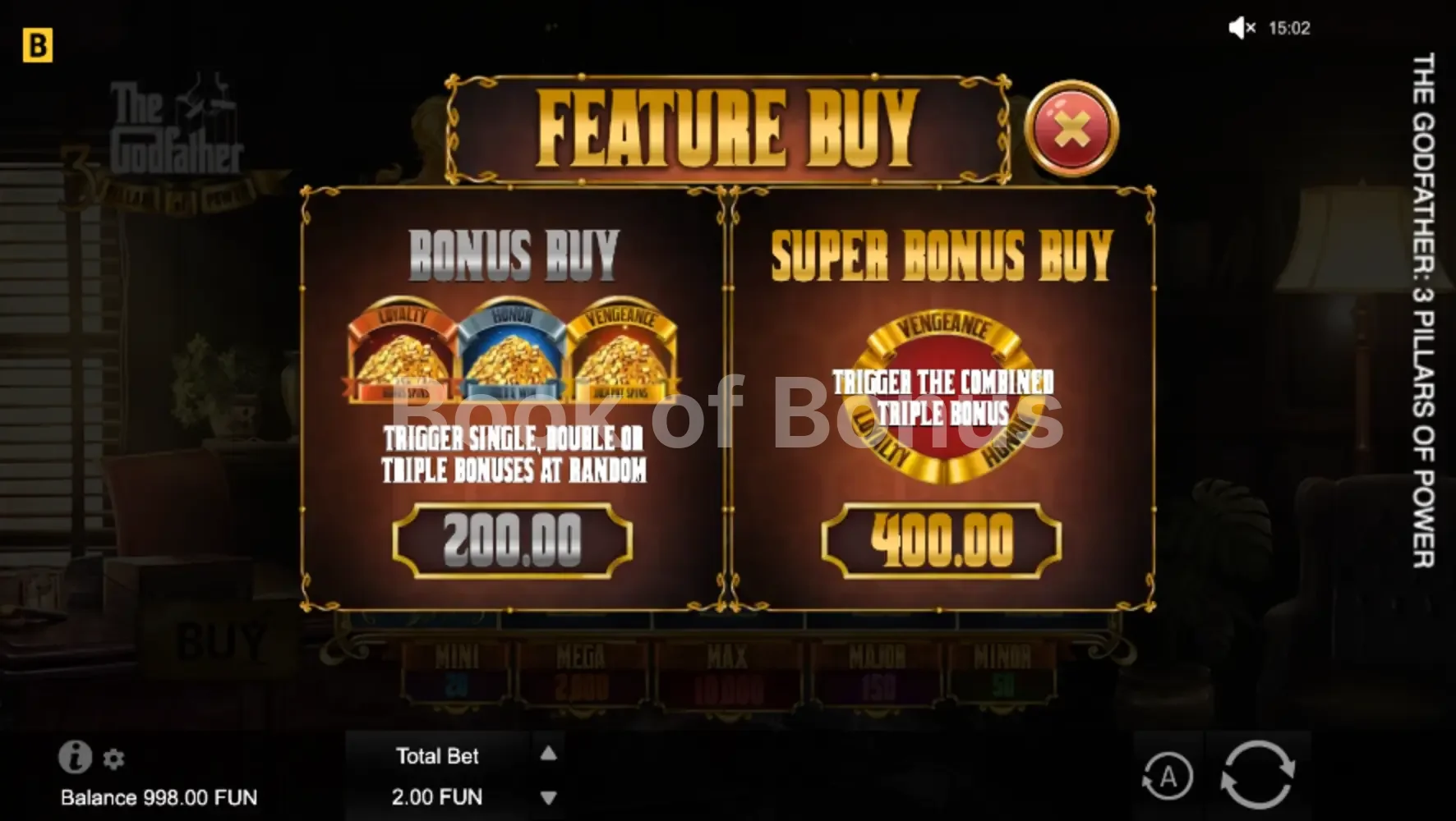 The Godfather 3 Pillars of Power par BGaming - menu d'achat de bonus et options