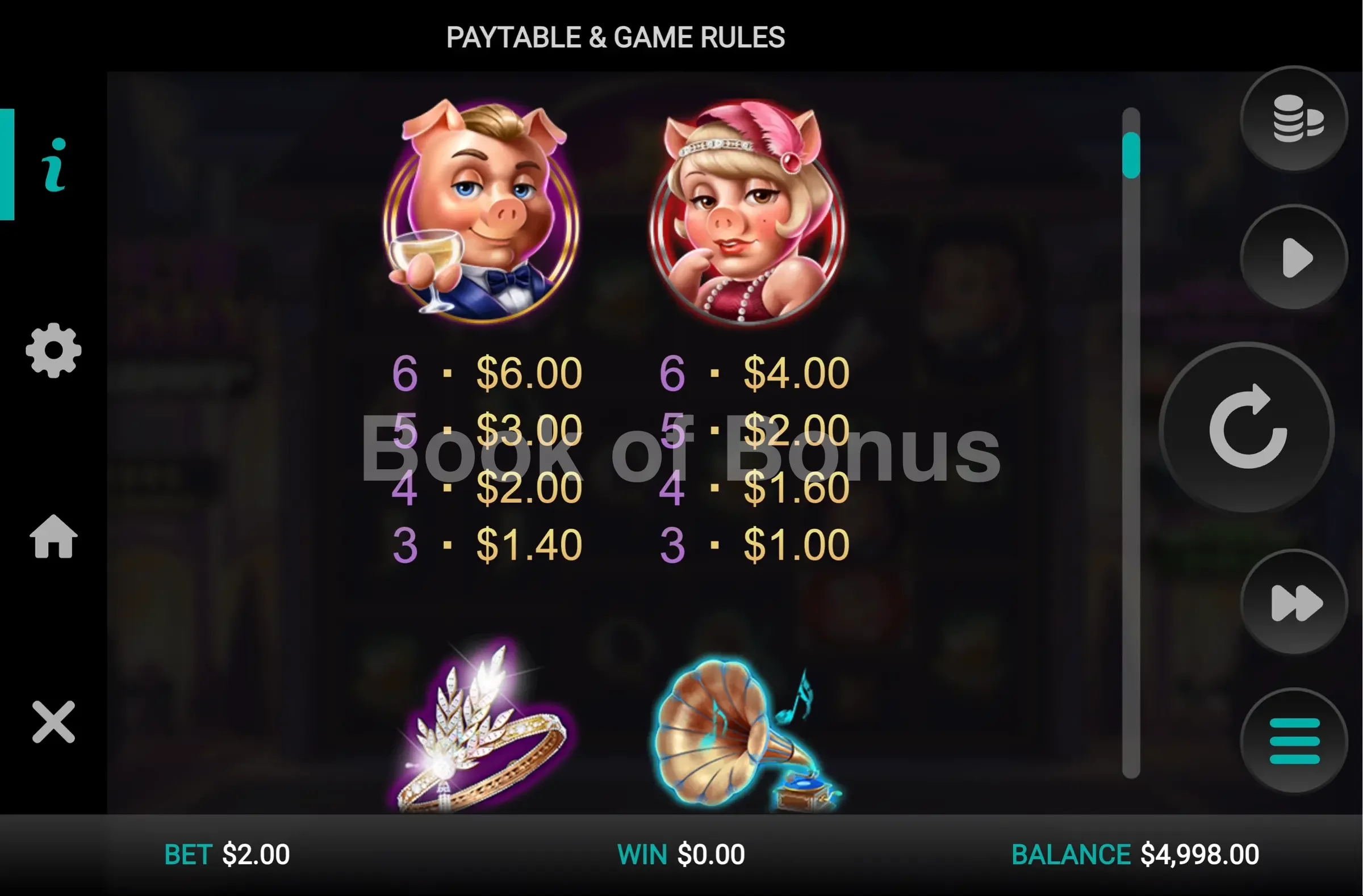 The Great Pigsby Megapays par Relax Gaming - table des gains et valeurs des symboles