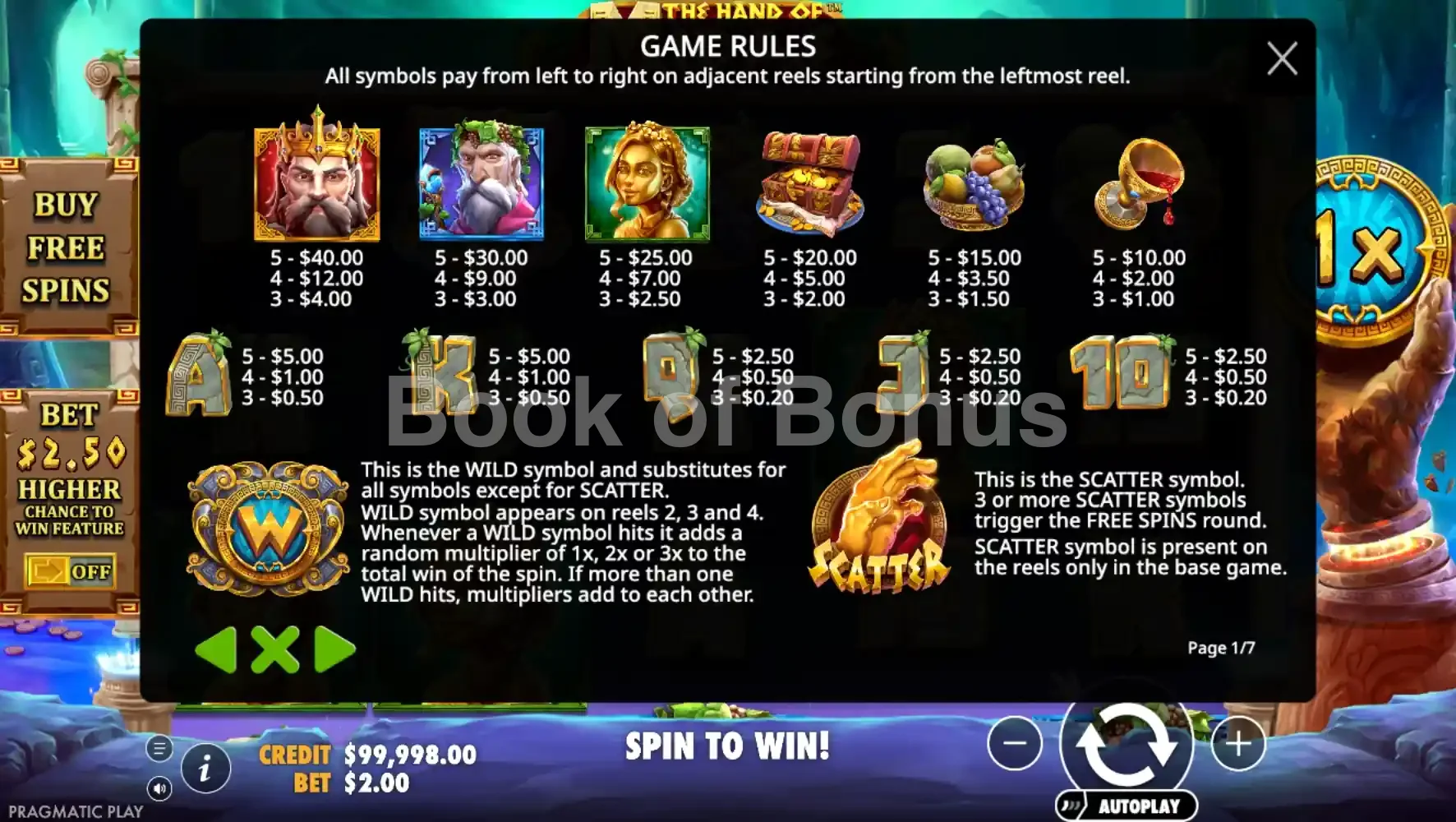 The Hand of Midas par Pragmatic Play - table des gains et valeurs des symboles