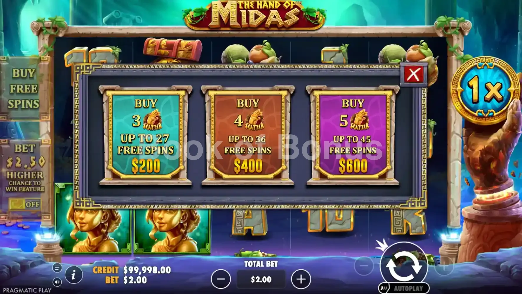 The Hand of Midas par Pragmatic Play - menu d'achat de bonus et options