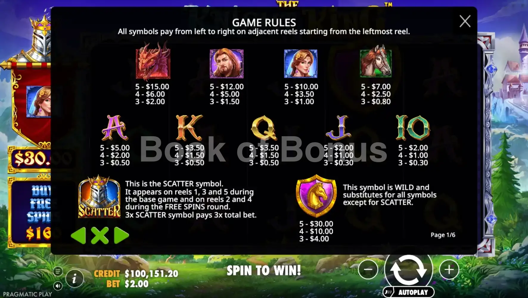 The Knight King par Pragmatic Play - table des gains et valeurs des symboles