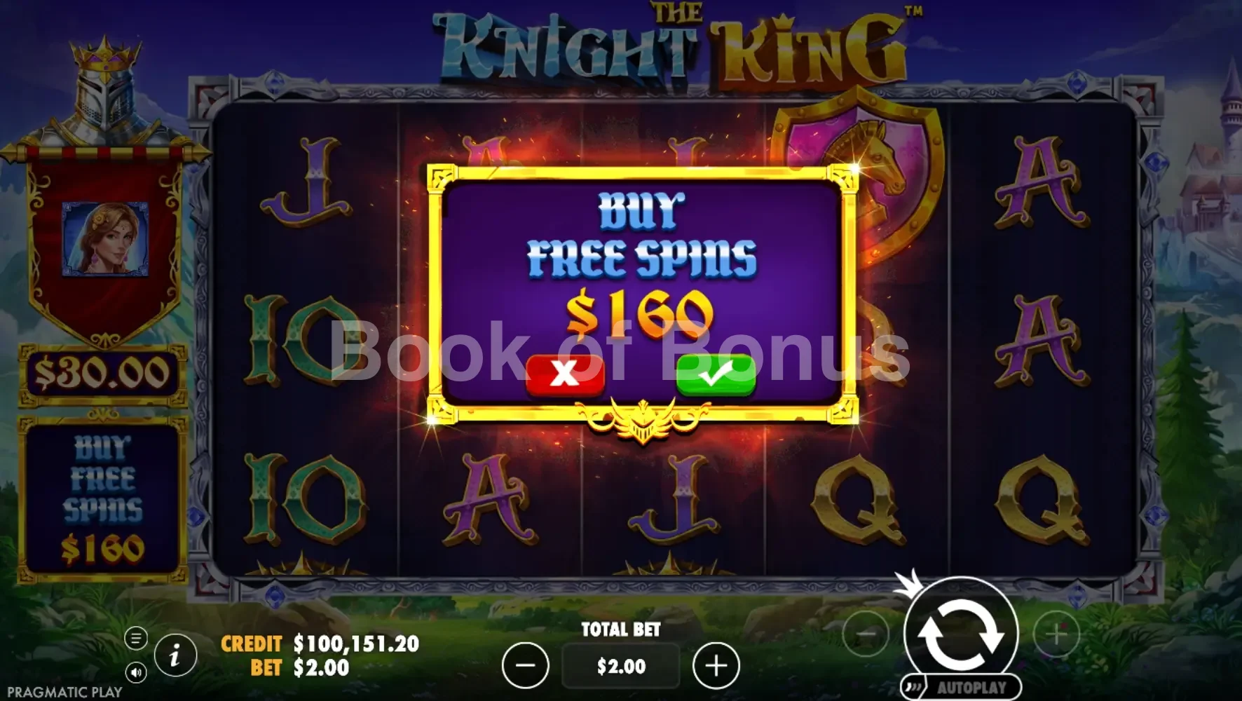 The Knight King par Pragmatic Play - menu d'achat de bonus et options