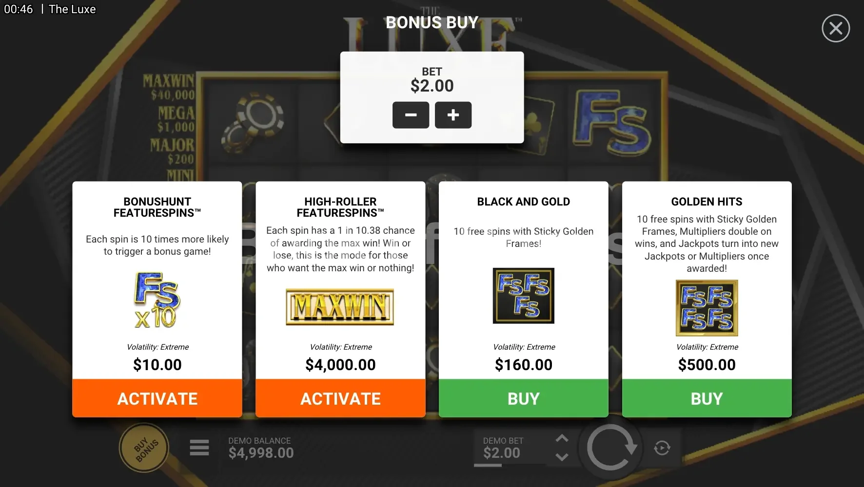 The Luxe par Hacksaw Gaming - menu d'achat de bonus et options