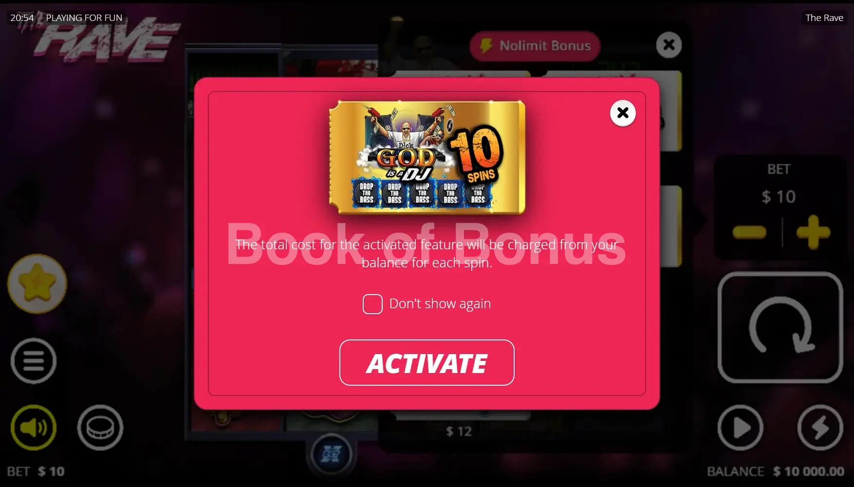 The Rave par Nolimit City - menu d'achat de bonus et options