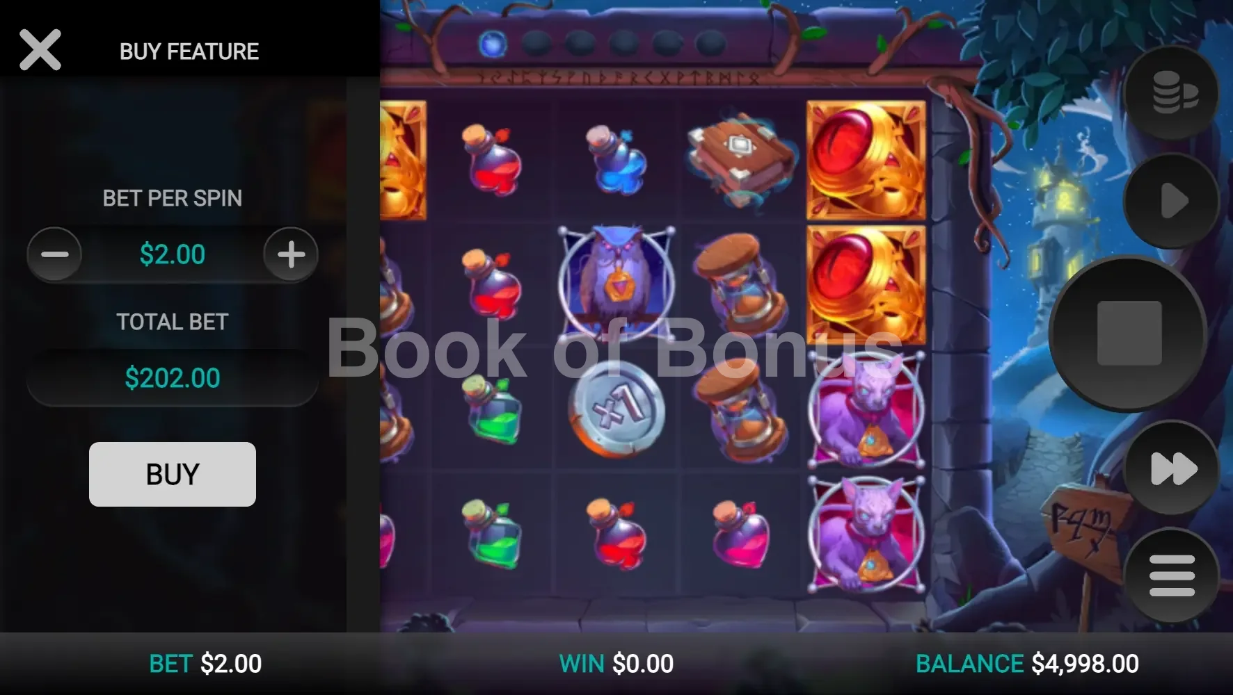 The Sorcerers Shuffle par Relax Gaming - menu d'achat de bonus et options