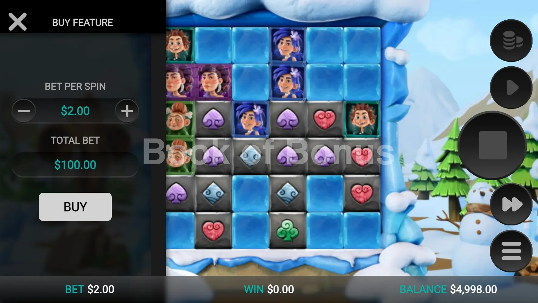 The Tumbles par Relax Gaming - menu d'achat de bonus et options