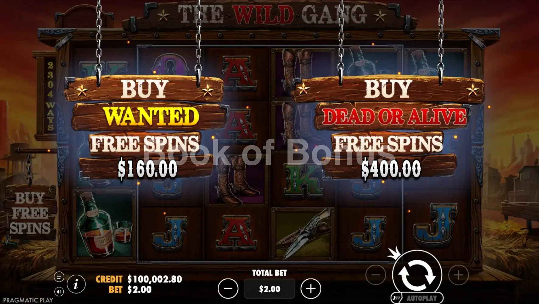The Wild Gang par Pragmatic Play - menu d'achat de bonus et options