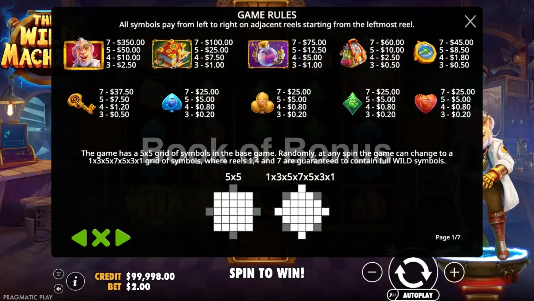 The Wild Machine par Pragmatic Play - table des gains et valeurs des symboles