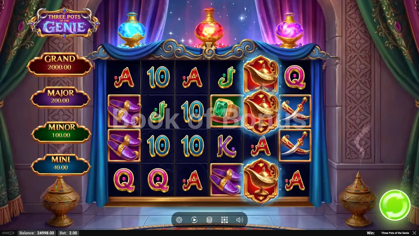 Three Pots of The Genie par Play'n GO - jeu de base et disposition des rouleaux