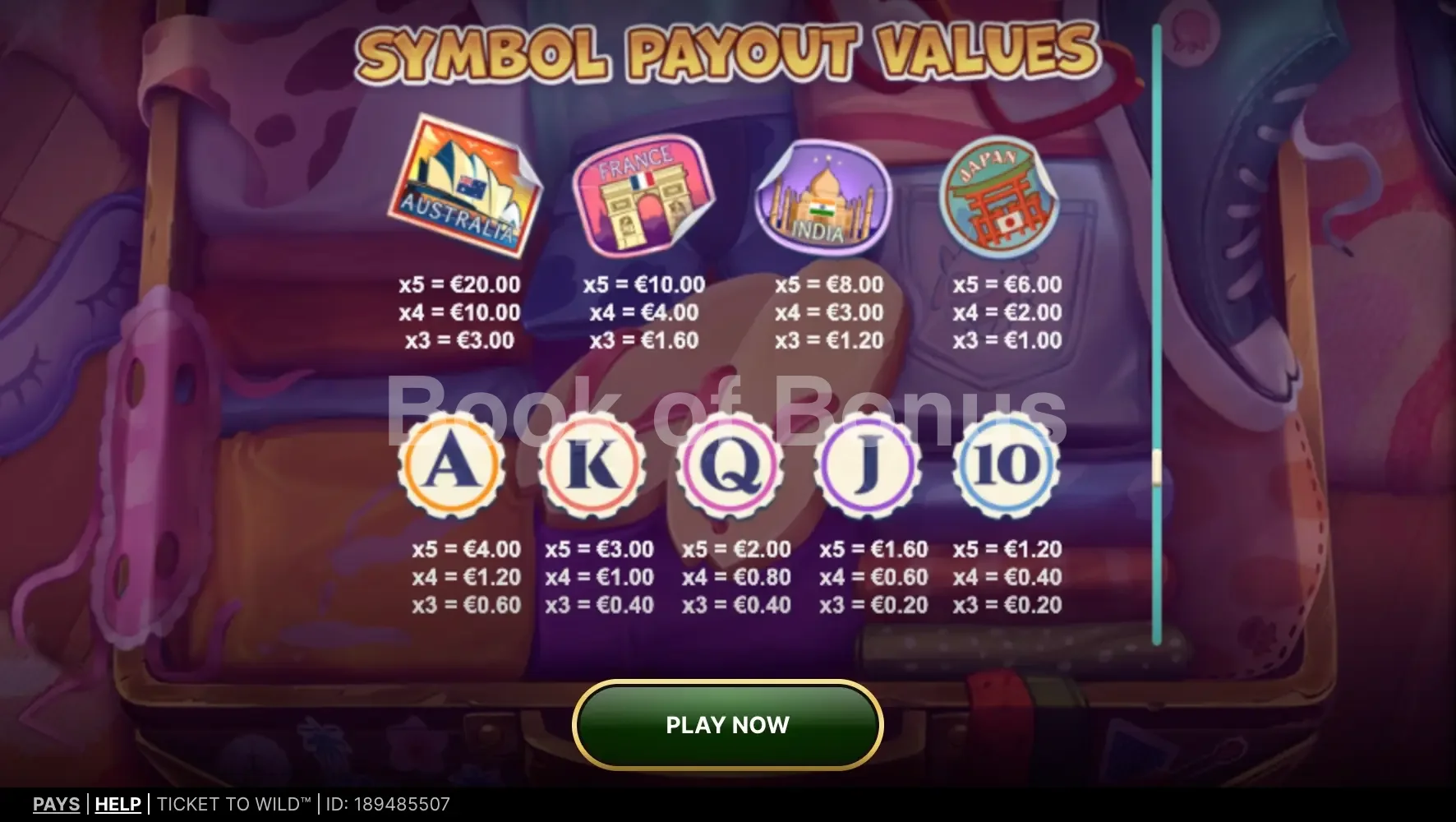 Ticket To Wild par NetEnt - table des gains et valeurs des symboles