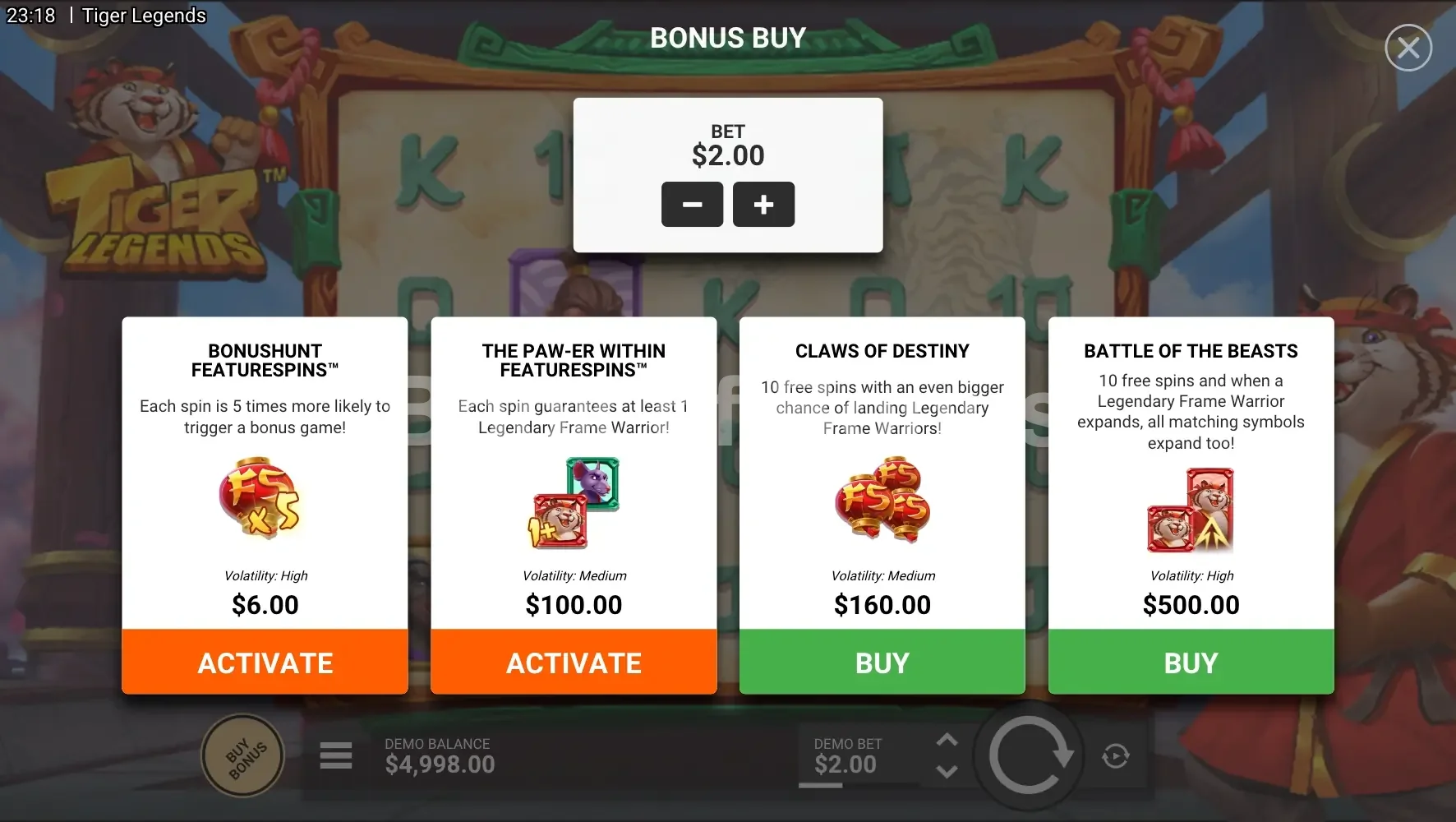 Tiger Legends par Hacksaw Gaming - menu d'achat de bonus et options