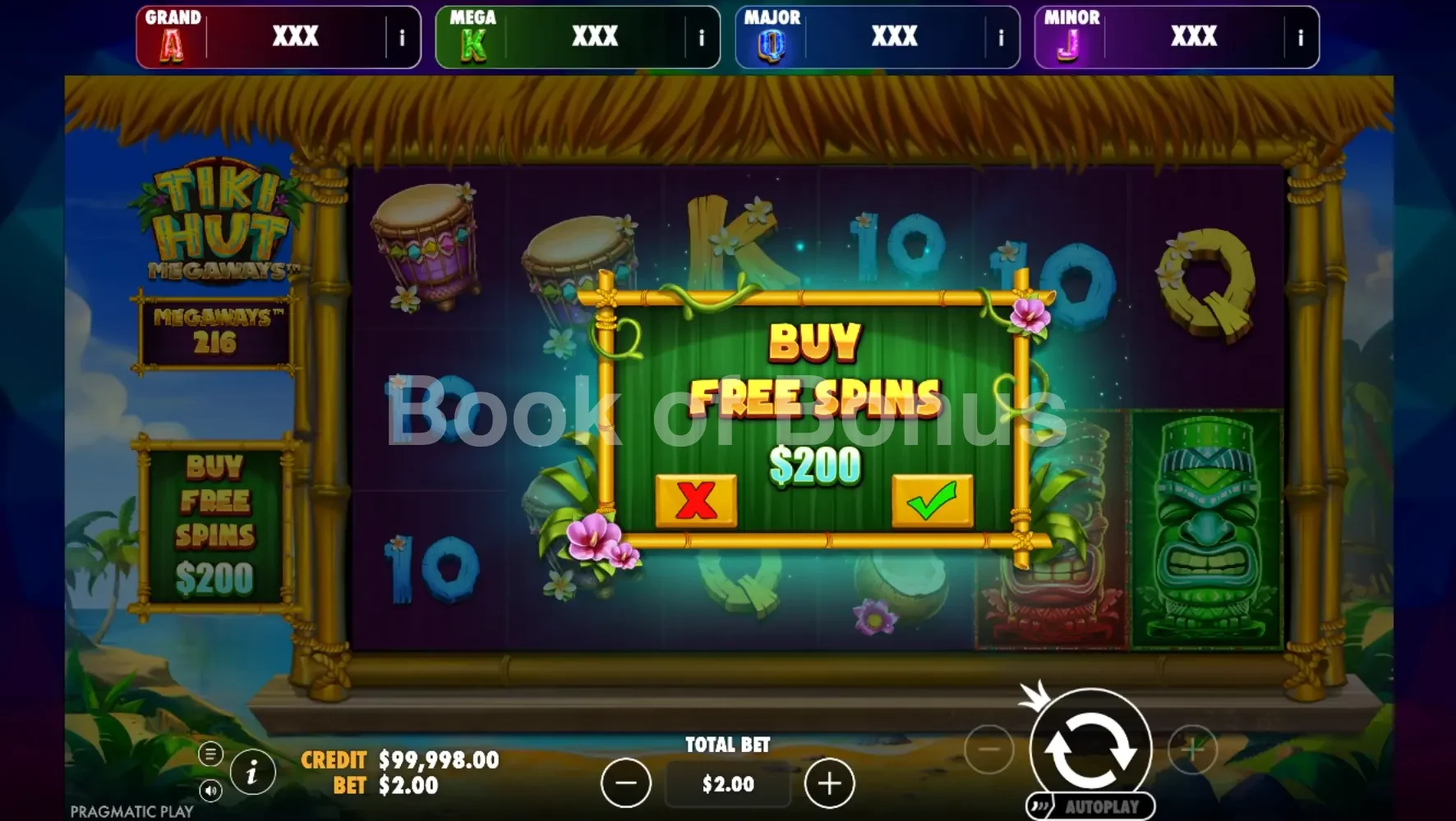 Tiki Hut Megaways par Pragmatic Play - menu d'achat de bonus et options