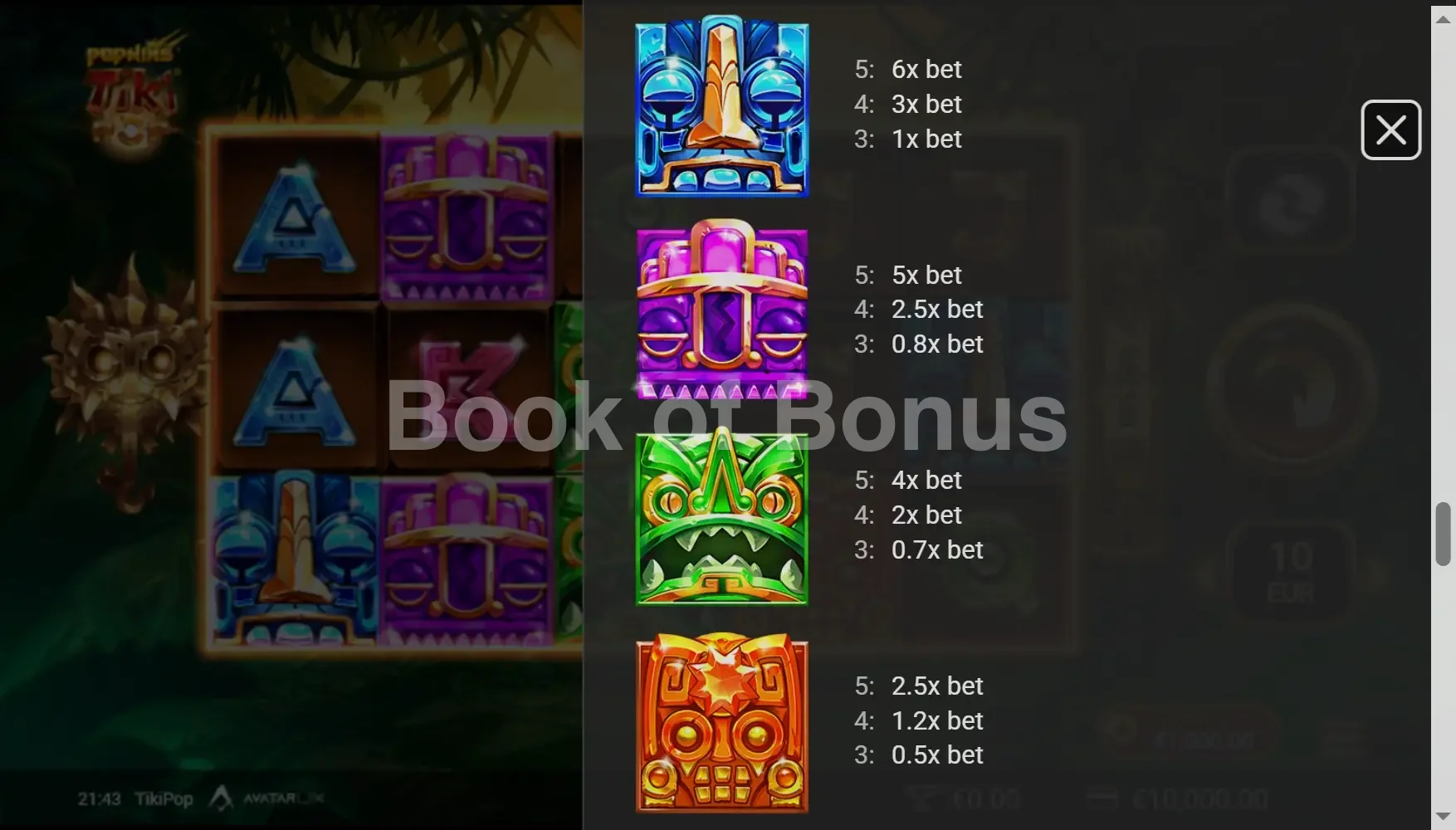 Table des paiements TikiPop symboles