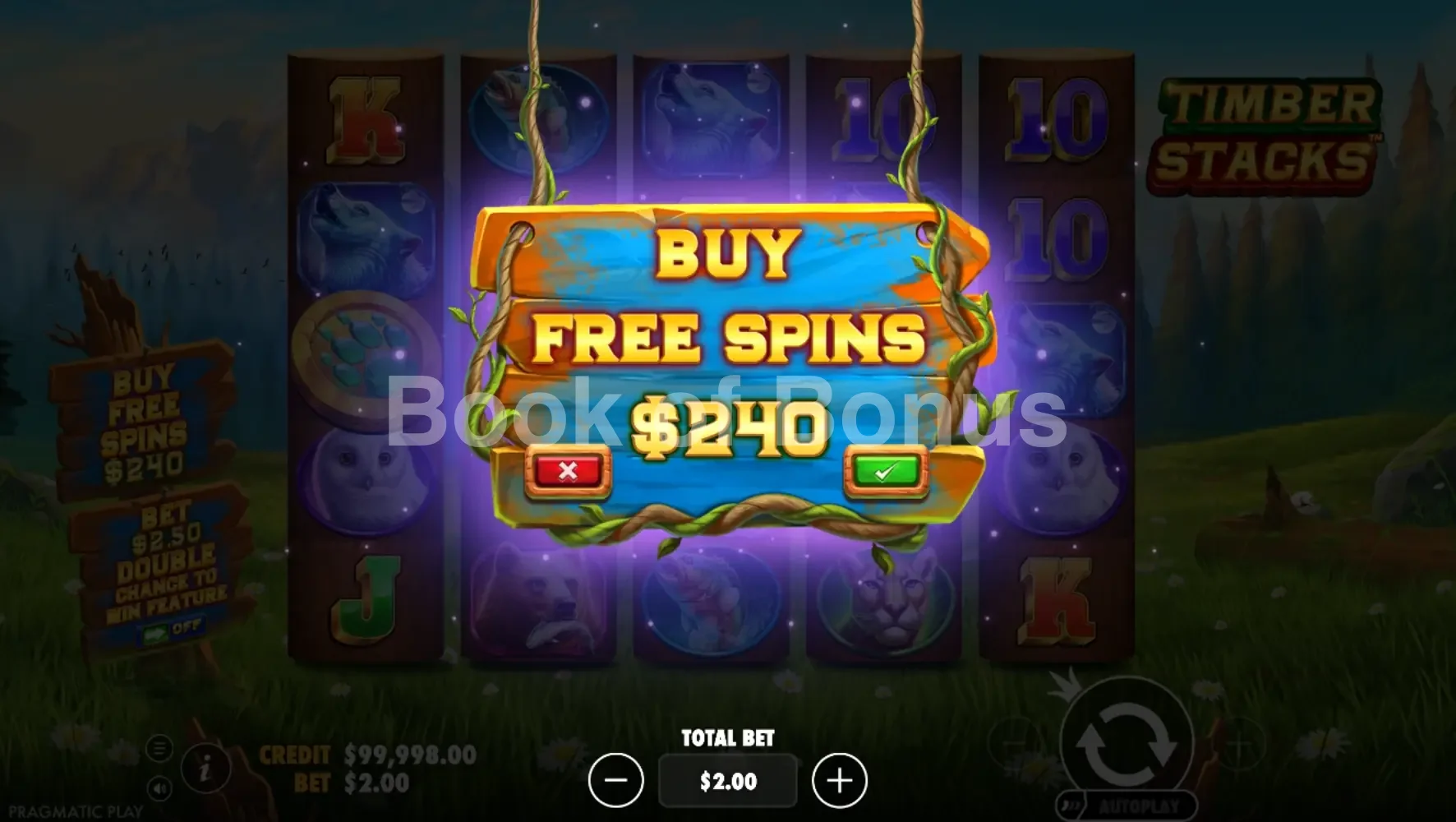 Timber Stacks par Pragmatic Play - menu d'achat de bonus et options
