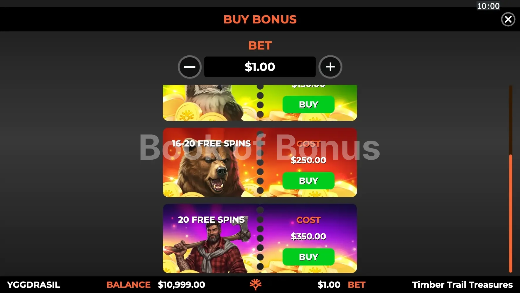 Timber Trail Treasures par Yggdrasil - menu d'achat de bonus et options
