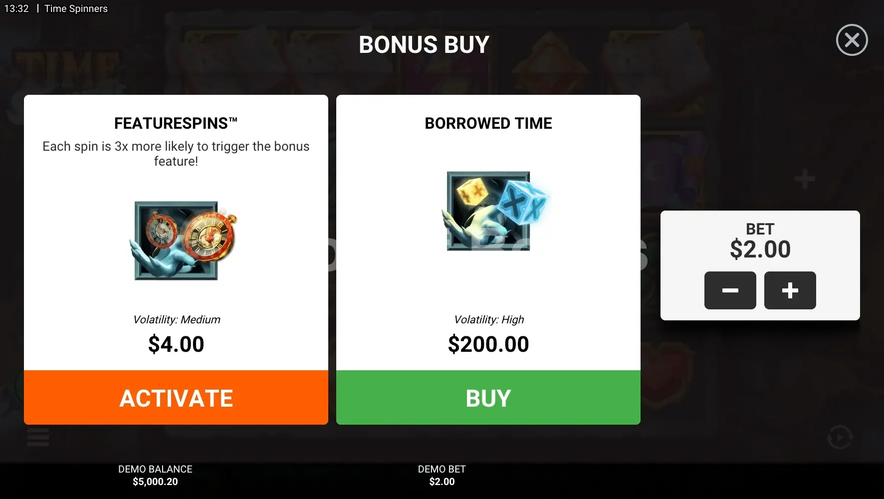 Time Spinners par Hacksaw Gaming - menu d'achat de bonus et options