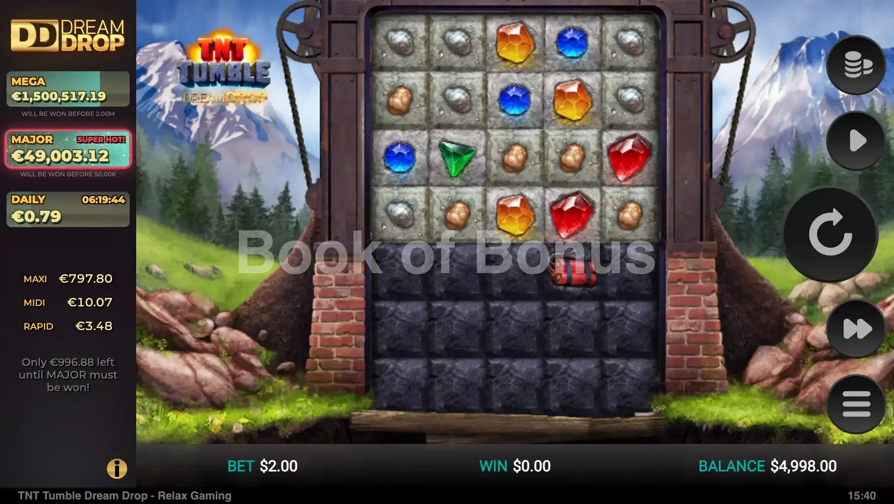 TNT Tumble Dream Drop par Relax Gaming - jeu de base et disposition des rouleaux