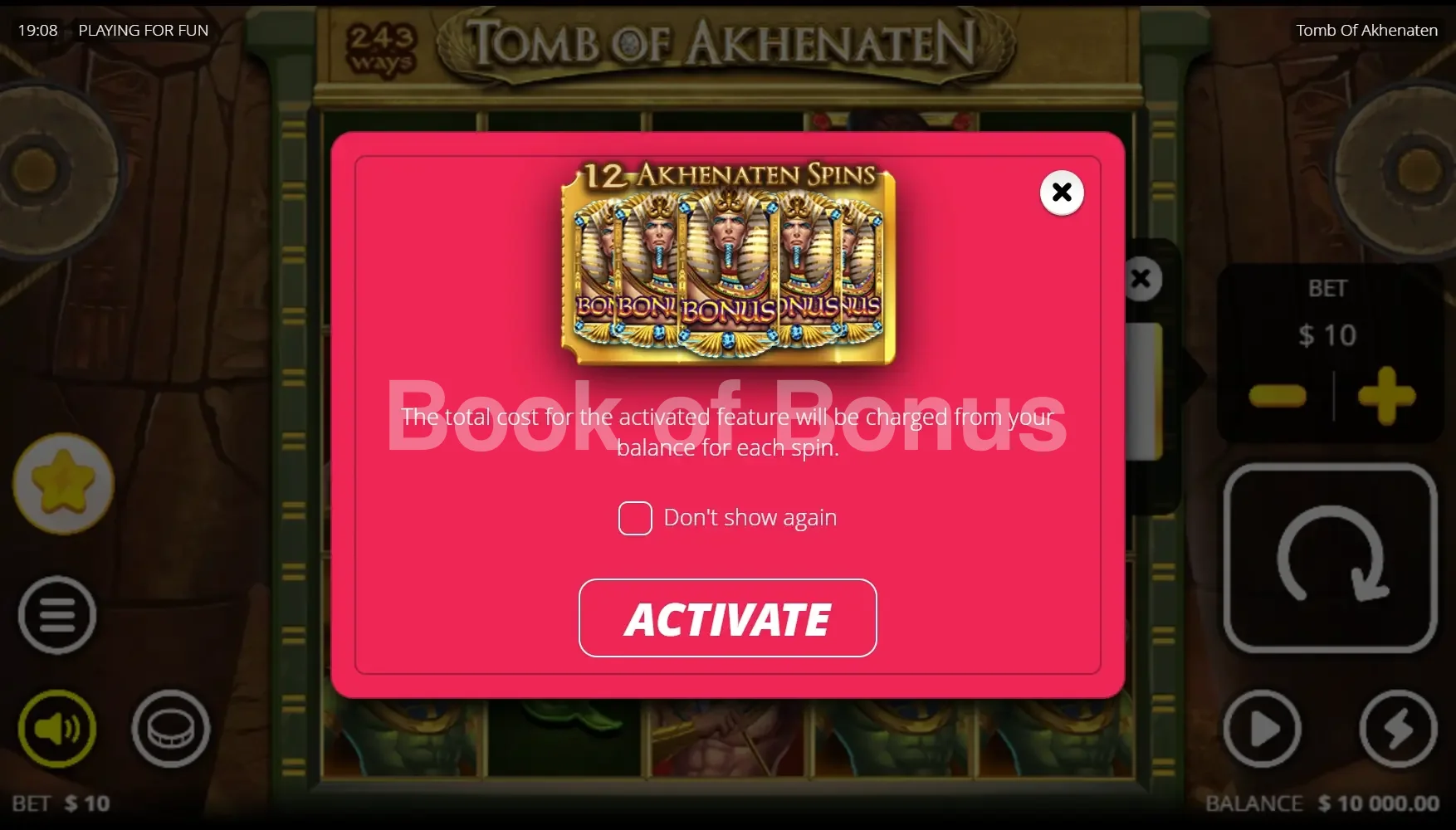 Tomb of Akhenaten par Nolimit City - menu d'achat de bonus et options