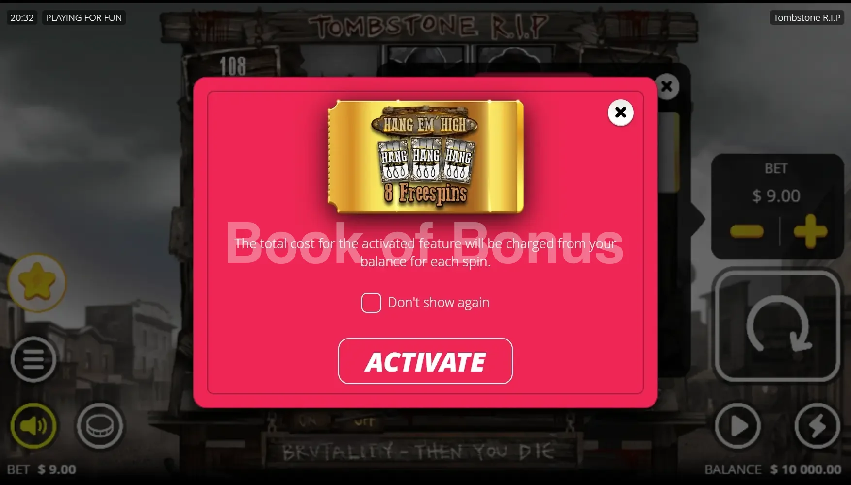 Tombstone RIP par Nolimit City - menu d'achat de bonus et options