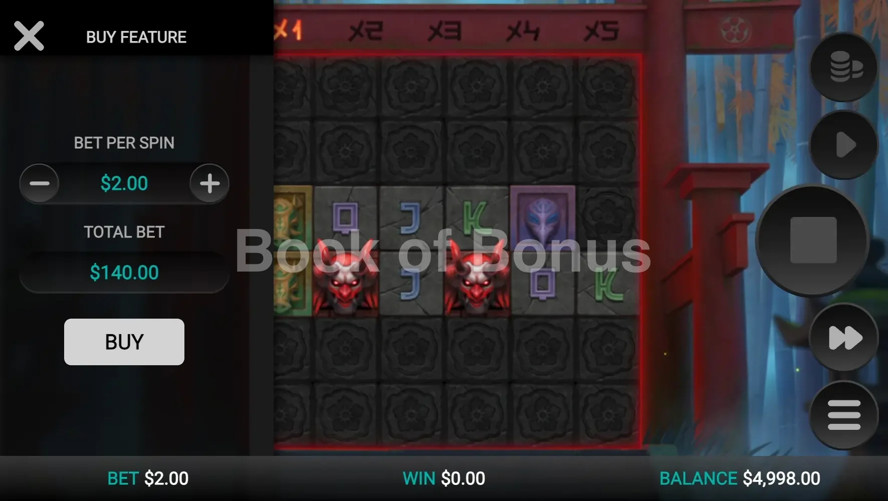 Torii Tumble par Relax Gaming - menu d'achat de bonus et options