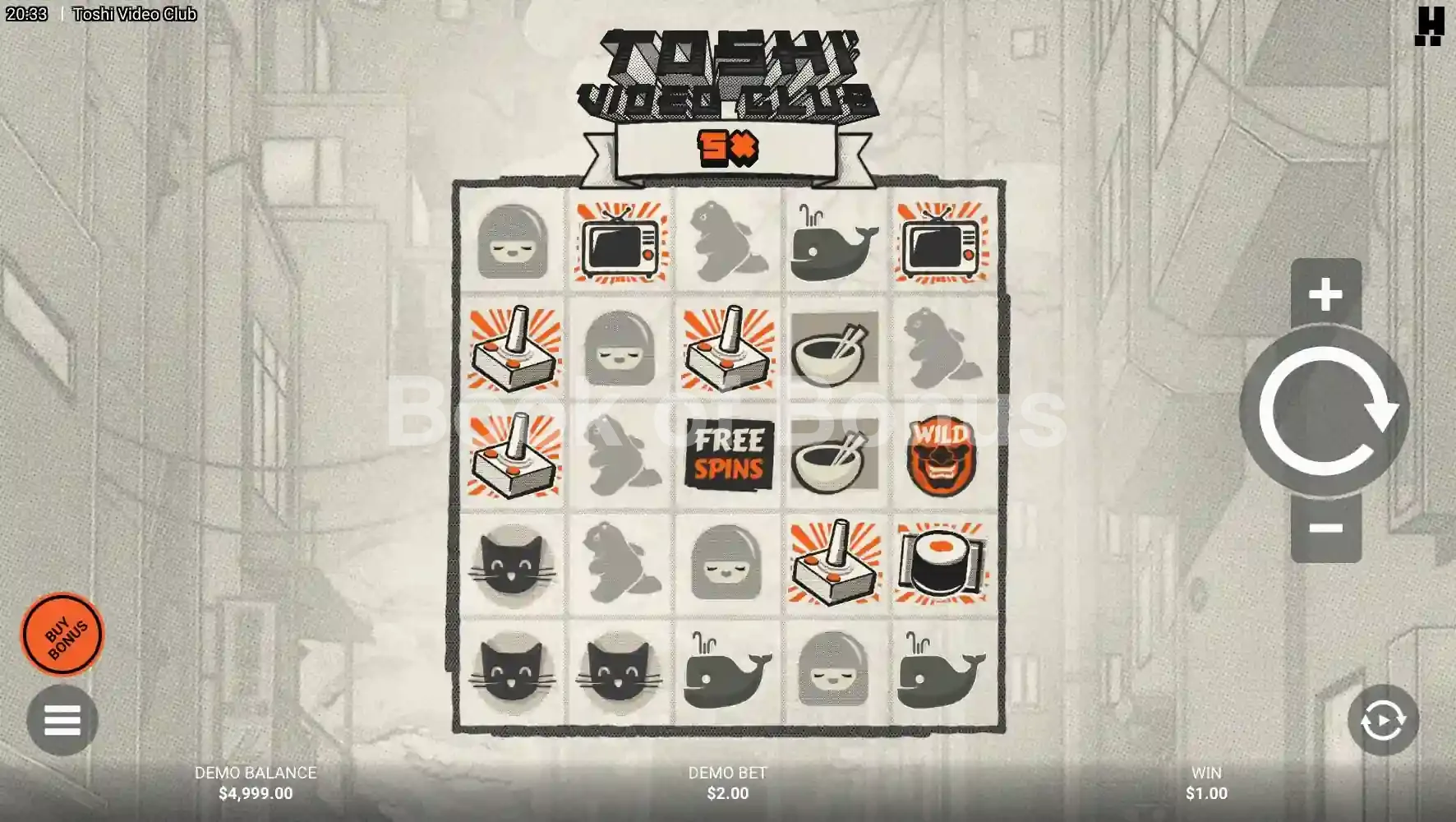 Toshi Video Club par Hacksaw Gaming - jeu de base et disposition des rouleaux