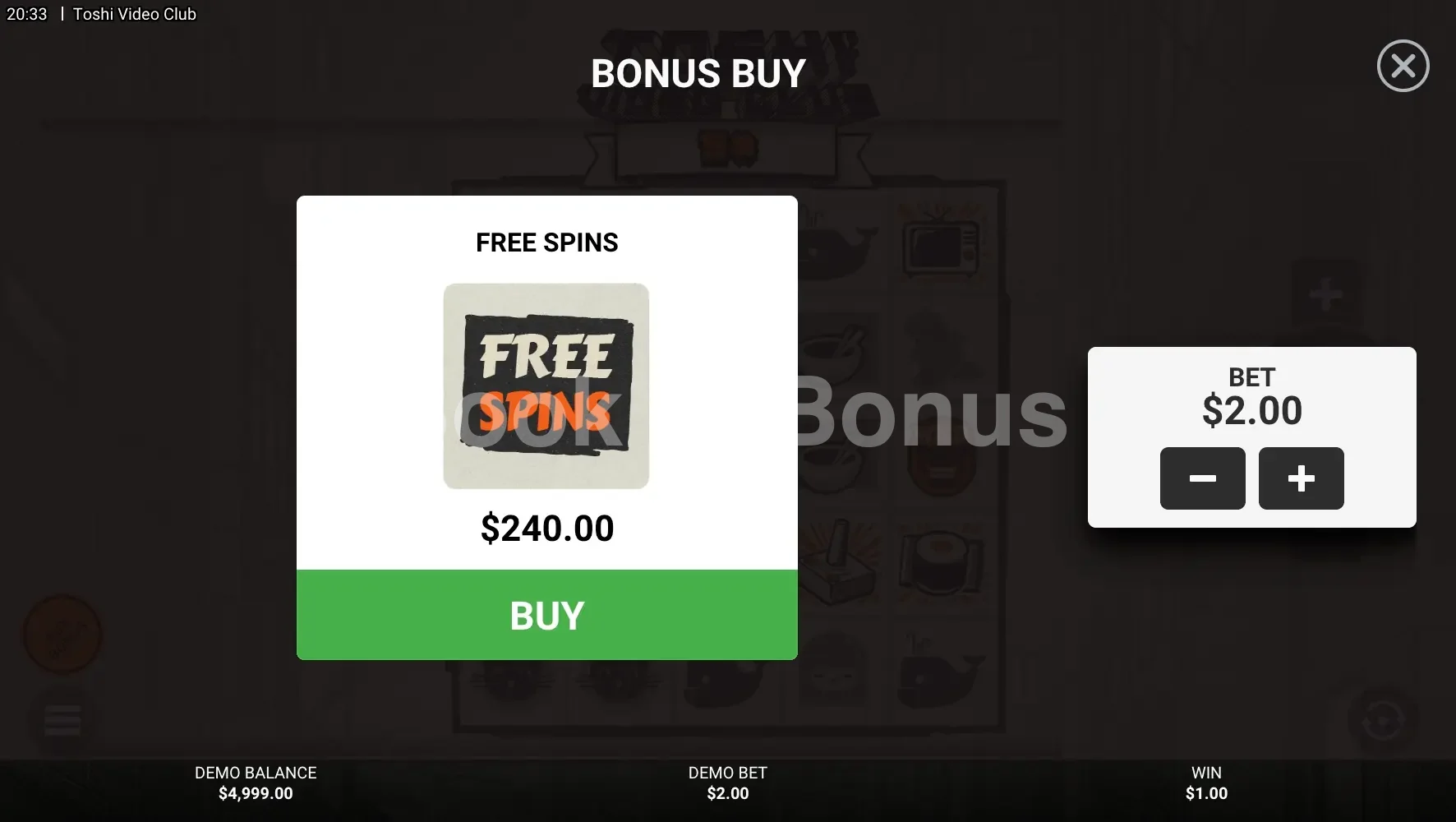 Toshi Video Club par Hacksaw Gaming - menu d'achat de bonus et options