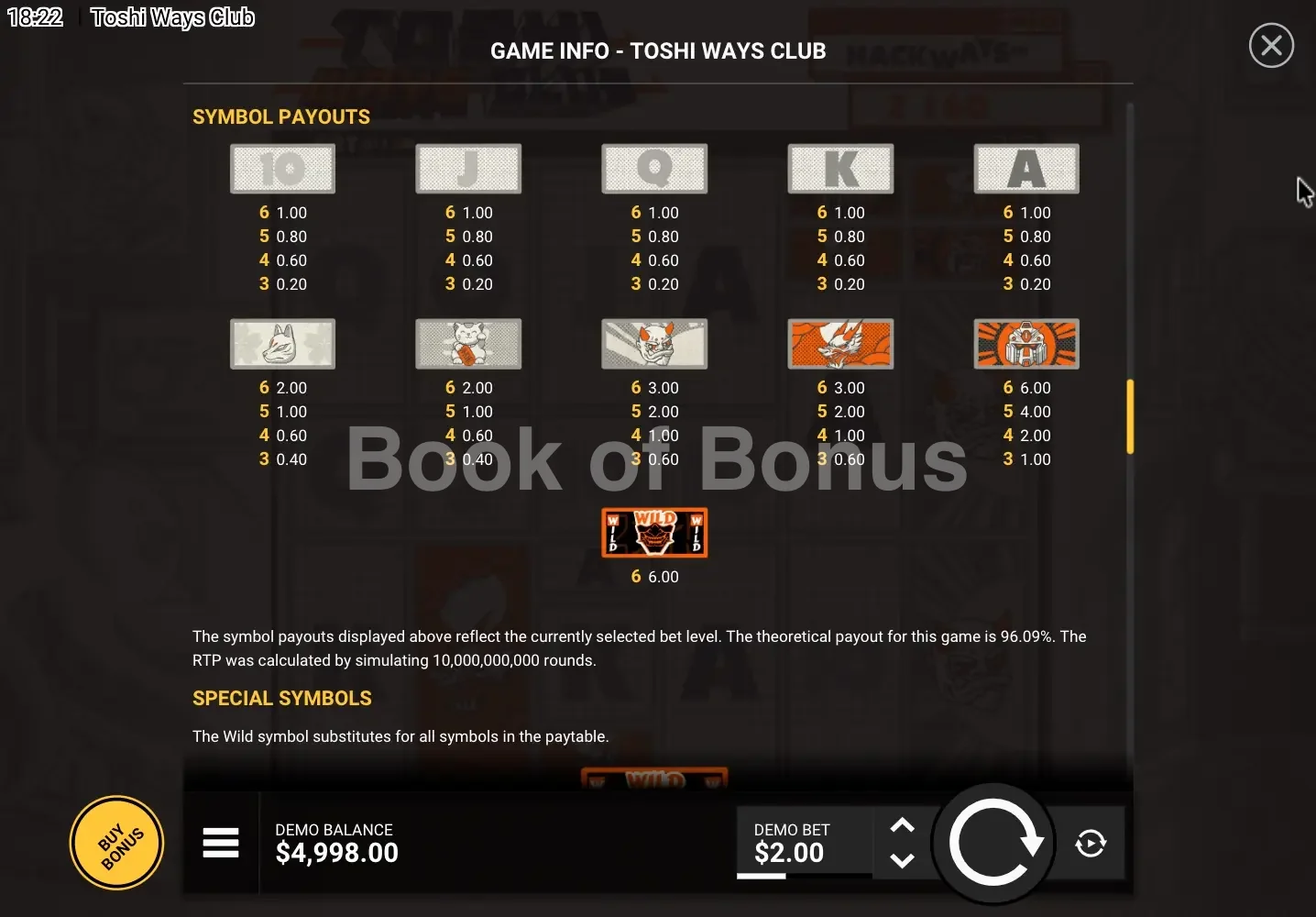 Toshi Ways Club par Hacksaw Gaming - table des gains et valeurs des symboles
