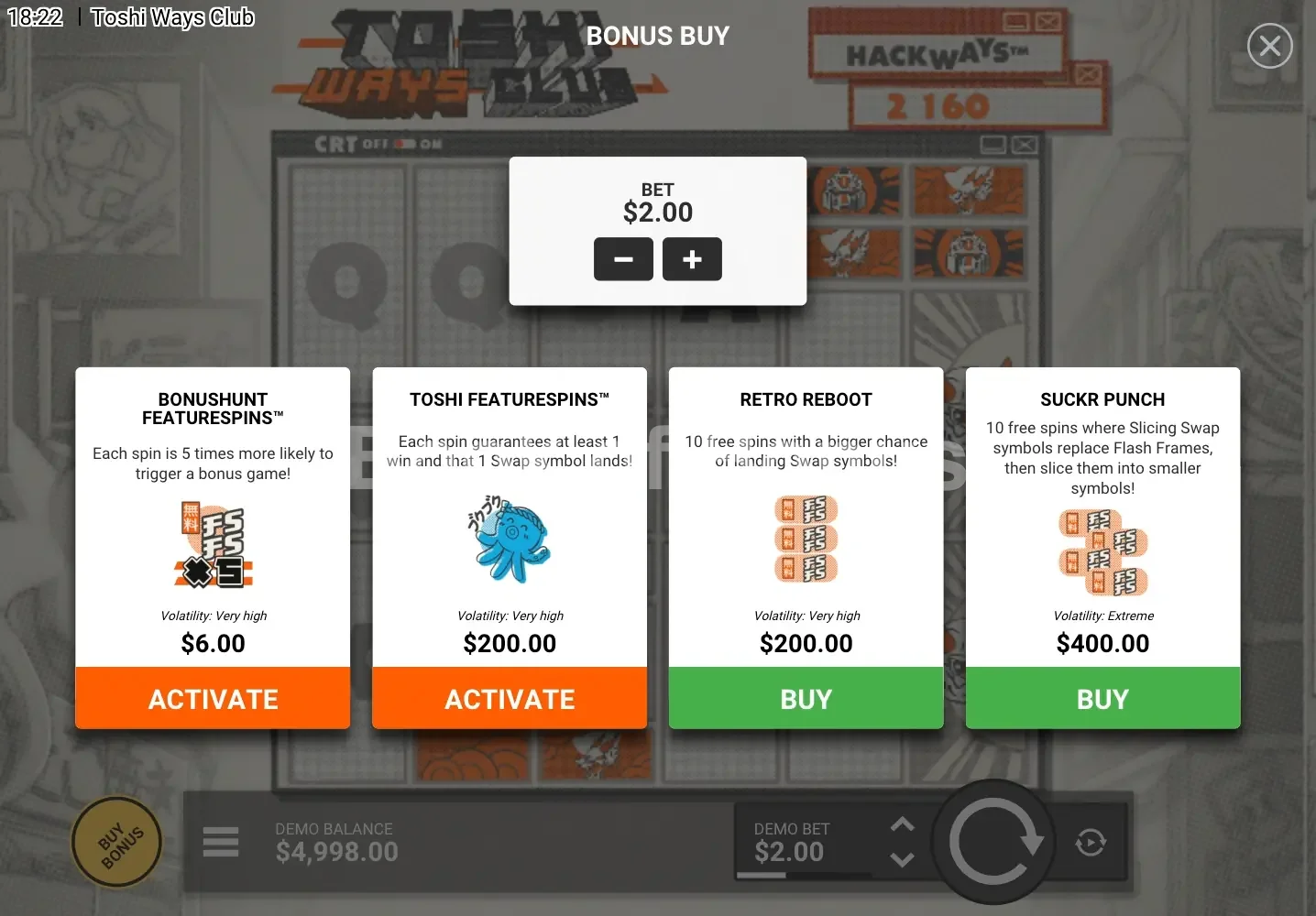 Toshi Ways Club par Hacksaw Gaming - menu d'achat de bonus et options