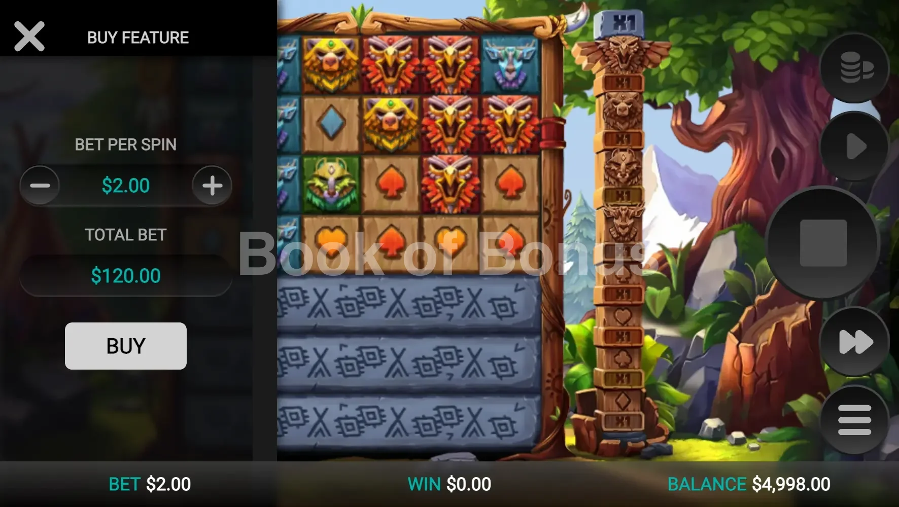 Totem Guardians Dream Drop par Relax Gaming - menu d'achat de bonus et options