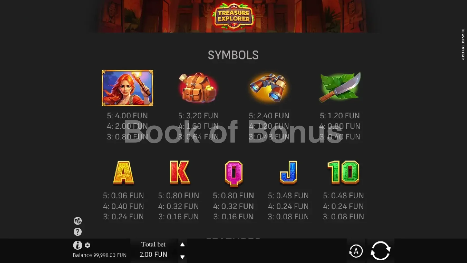 Treasure Explorer par BGaming - table des gains et valeurs des symboles