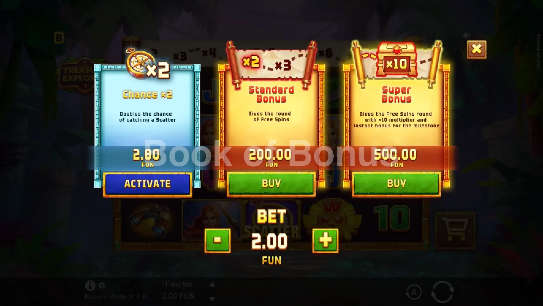 Treasure Explorer par BGaming - menu d'achat de bonus et options
