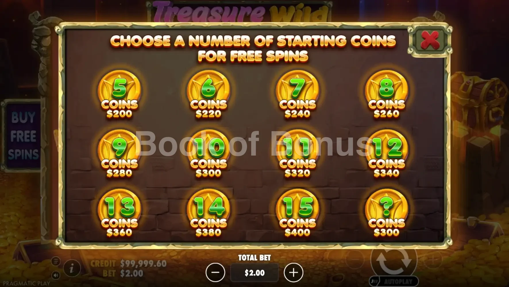 Treasure Wild par Pragmatic Play - menu d'achat de bonus et options