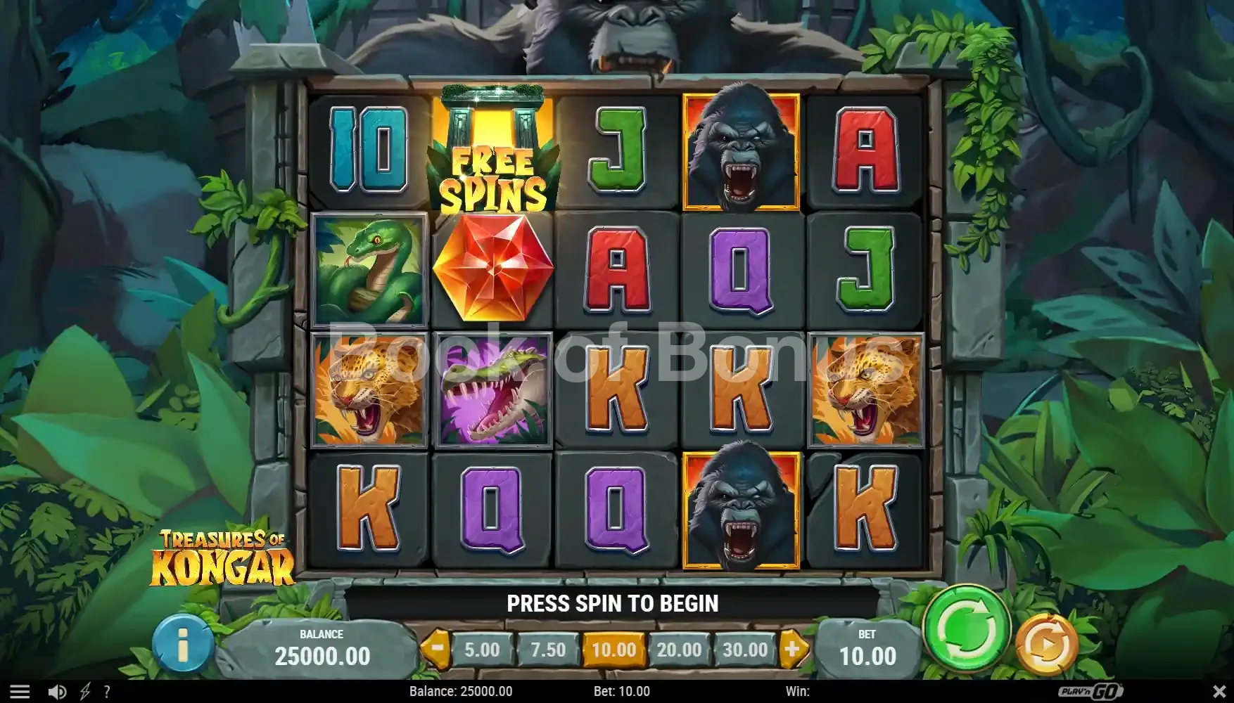Treasures of Kongar par Play'n GO - jeu de base et disposition des rouleaux